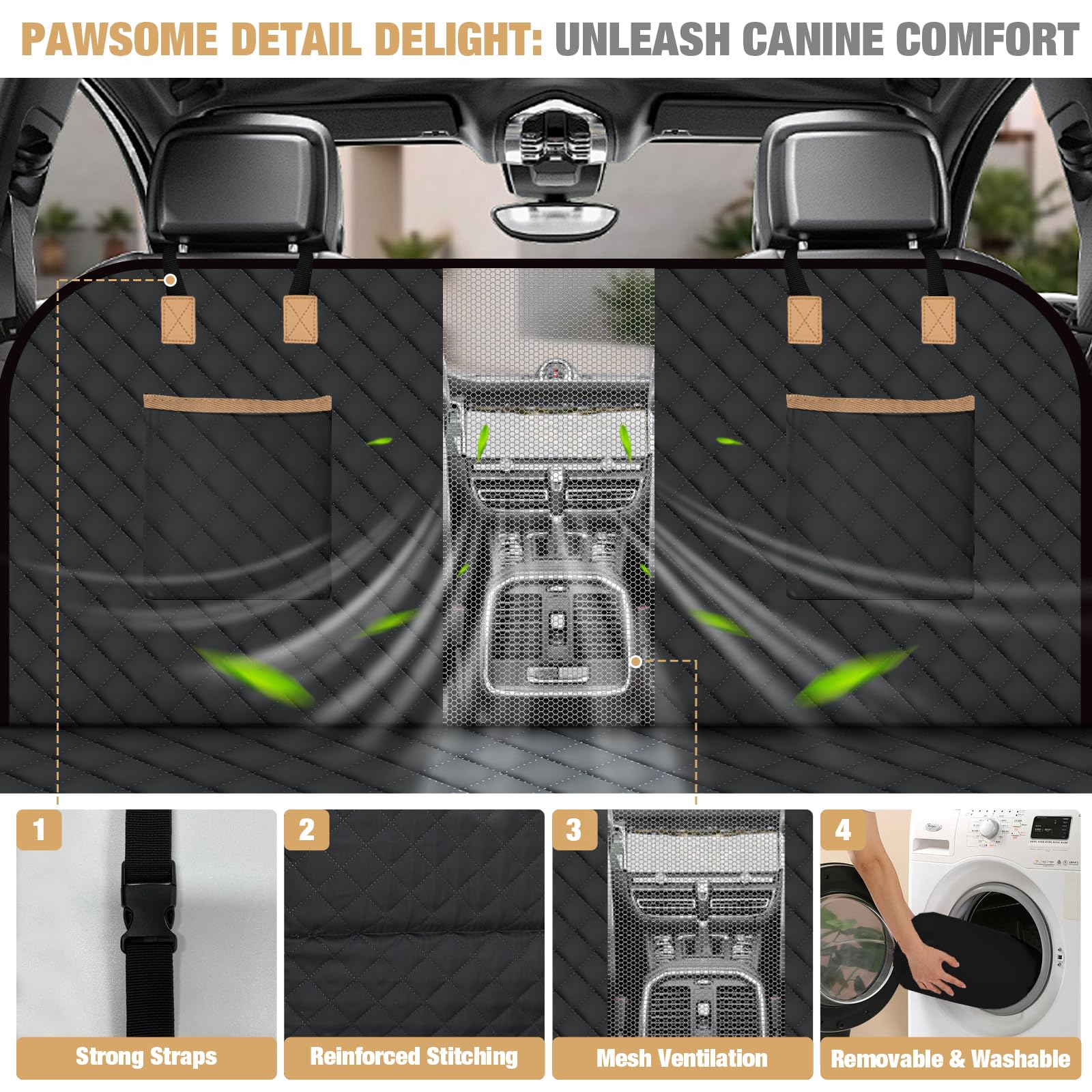 Lekeinchi Coperta per cani per auto, sedile posteriore, con sei pannelli in legno duro e cinture di sicurezza, impermeabile, antigraffio e prevenzione delle cadute, per camion, SUV, nero (L)