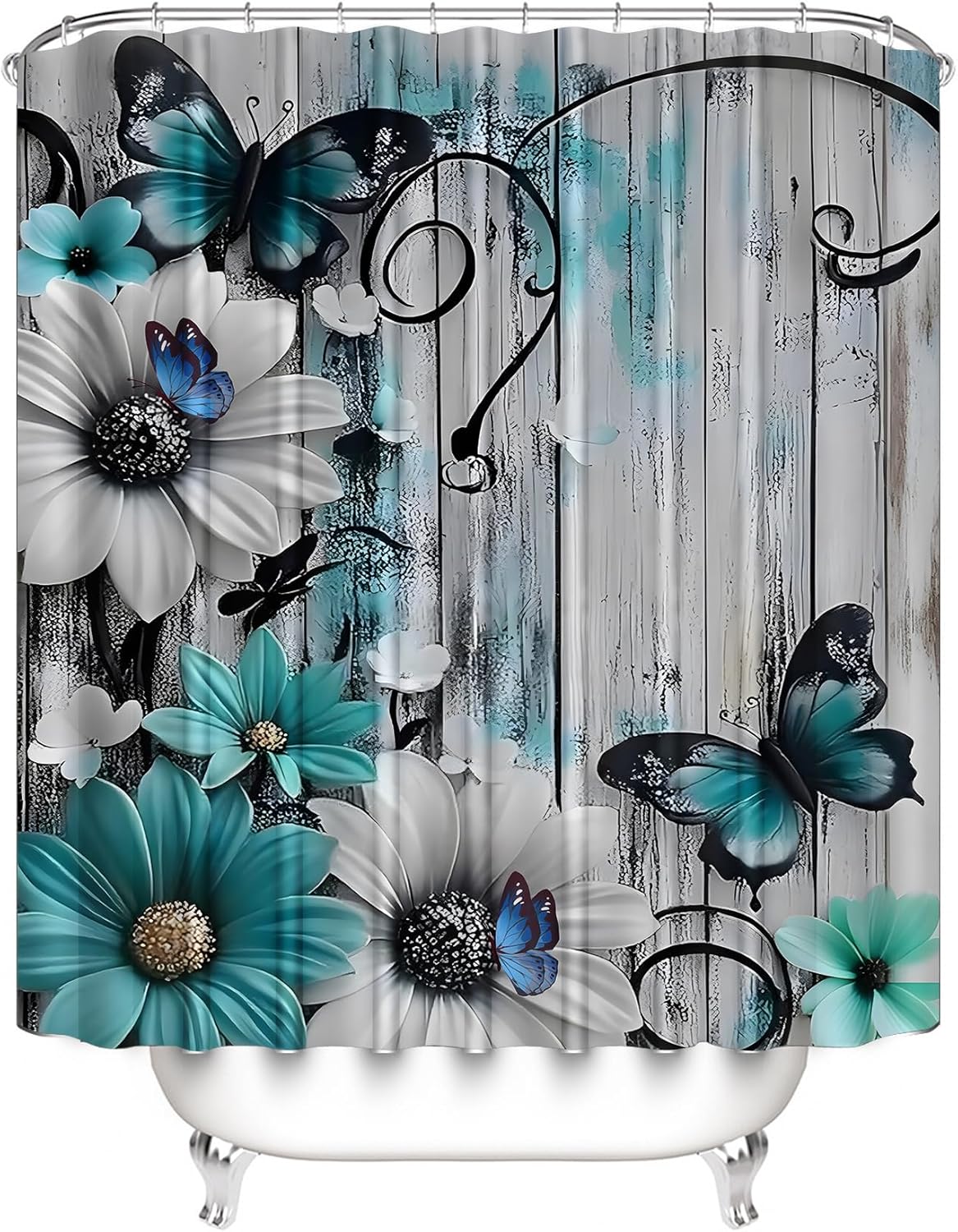 AZHM Relief Daisies and Butterflies Shower Curtain Set 4pcs Rustic Farmhouse Bathroom Decor Set with Shower Curtain and Rugs and Accessories