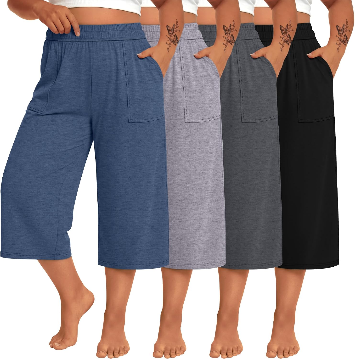 4 Pack Women Plus Size Capris Cotton Wide Leg Elastic Waist Cropped Pants Loose Casual Lounge Sweatpant with Pocket