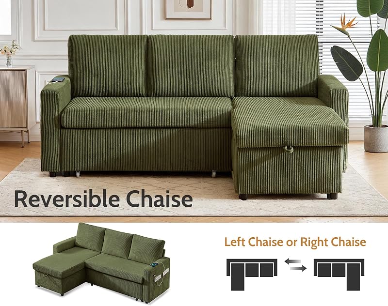 WEUP 82" L Shaped Sectional Sleeper Sofa Bed with Pull Out Bed, Sectional Sleeper Couch Pull Out Couch with Reclining Backrest/Reversible Storage Chaise/USB Ports/Tool-Free Assembly, Corduroy Green image 6