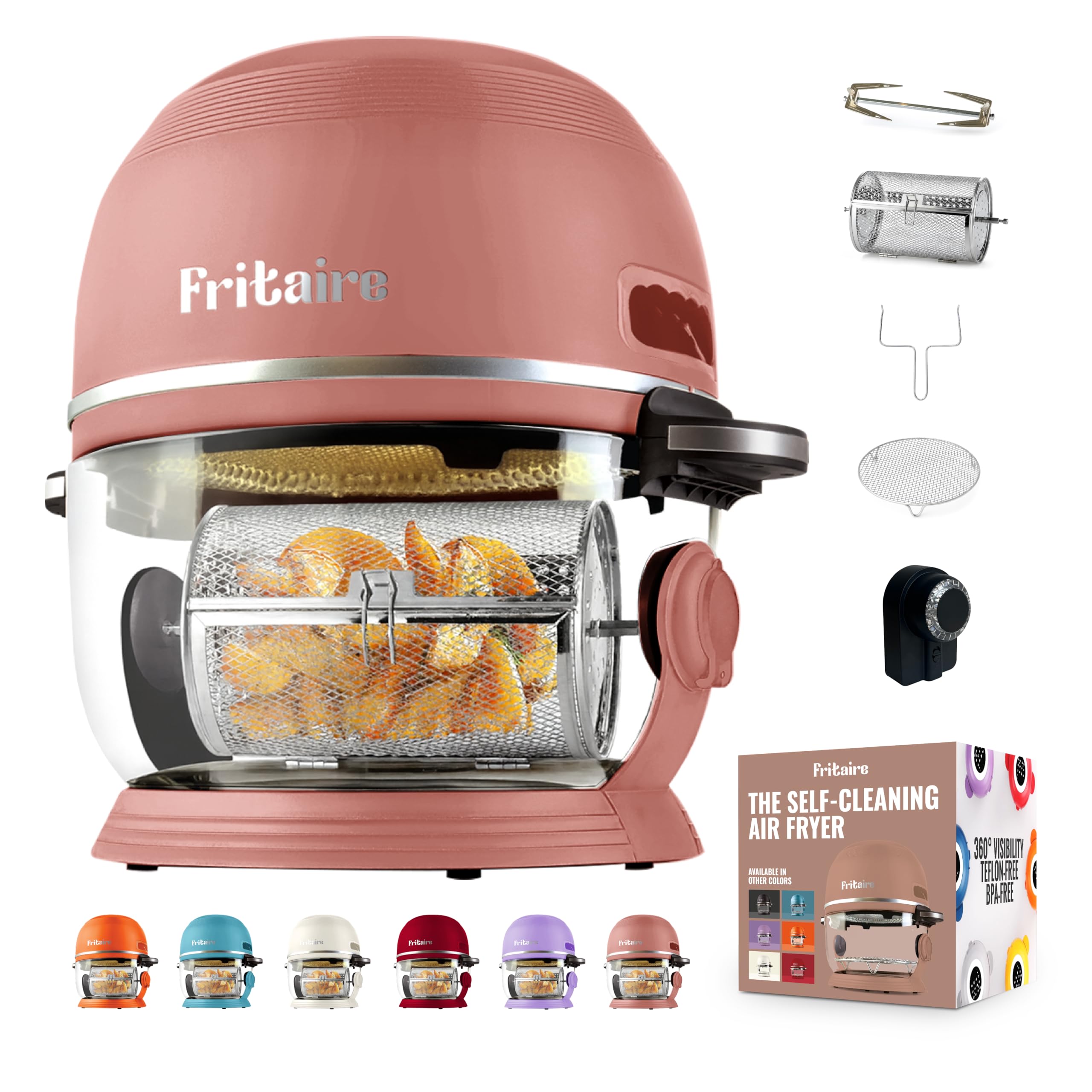 Non Toxic Air Fryer™ - Glass AirFryer 5 Quart w/ 360 Visibility, Self-Cleaning, 400F Vortex Air Fryer for Even Cooking, BPA-Free Teflon Free, 9-in-1 Functions, Rotisserie, Roast, Bake, Mauve Rose