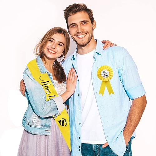 Miniatura 2 de Paquete de 2 insignias amarillas de hojalata de mamá a abeja y papá a abeja, decoraciones de baby shower con bonito patrón de abeja, fiesta de