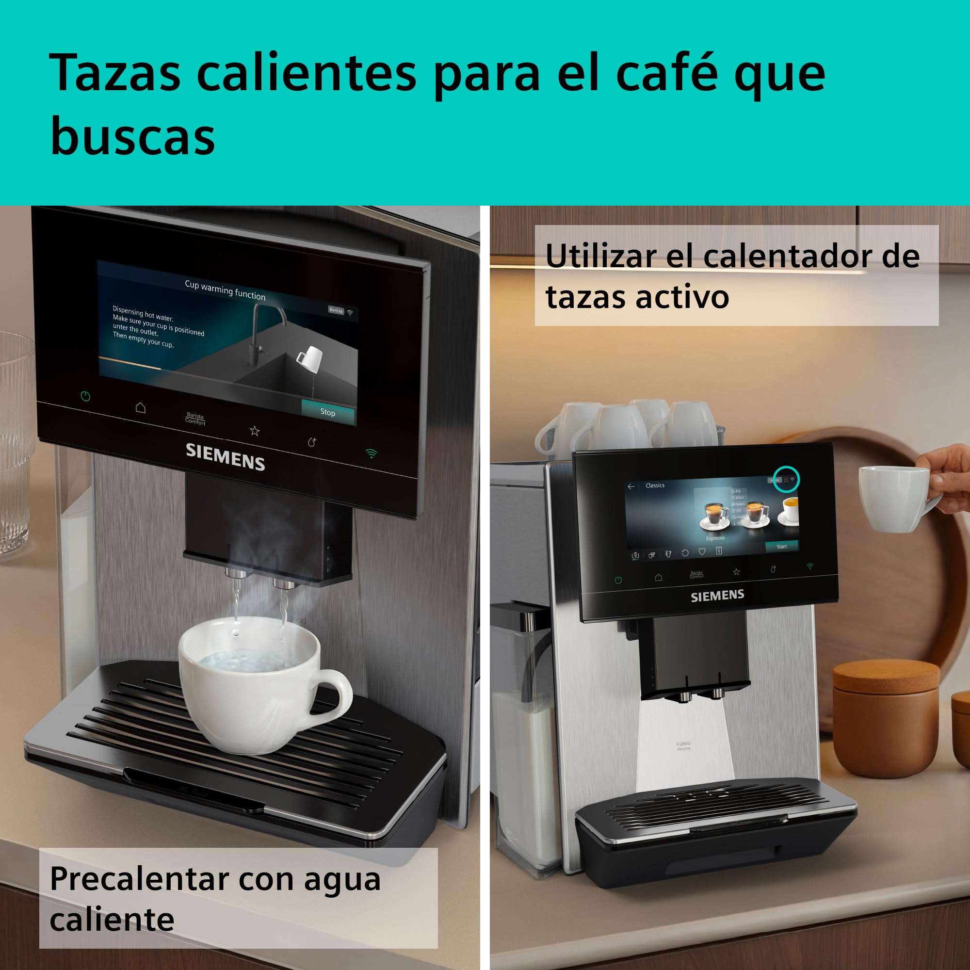 SIEMENS, cafetera superautomática, EQ900 iAroma, sabores personalizados, molienda precisa, pantalla grande para uso intuitivo, cafés personalizados, acero inoxidable, TQ923E03