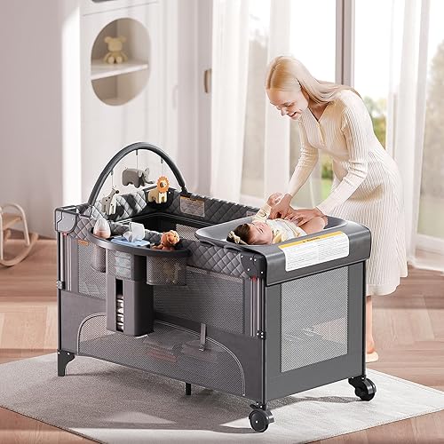 Miniatura 4 de Cuna 4 en 1, para empacar y jugar, cuna de noche, moisés con cambiador de pañales, mosquitera, almacenamiento inferior y barra de juguetes para