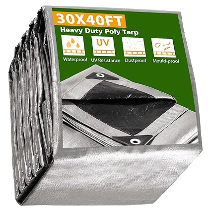 Yescom 30x40FT 14 Mil Heavy Duty Reinforced Poly Tarp Reversible Waterproof Tarpaulin Ground Sheet Cover Reversible Silver Black Tarps