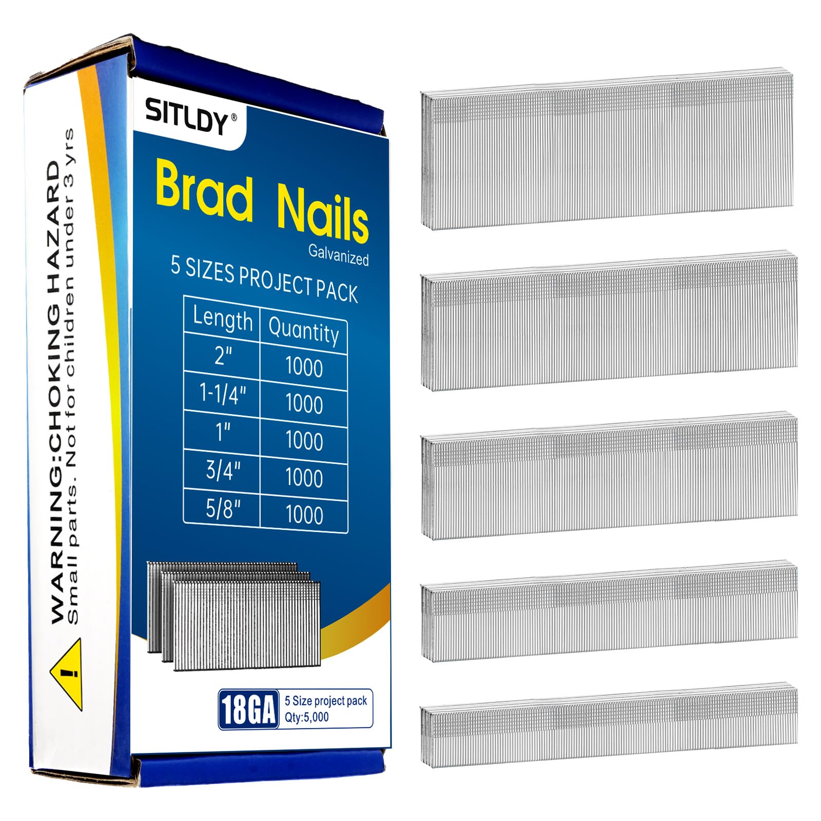 SITLDY 18 Gauge Galvanized Brad Nails Brown T-Head 5 Sizes 5000-Pack (5/8"+3/4"+1"+1-1/4"+2"),1000 per Size, Assorted Size Project Pack, for Pneumatic