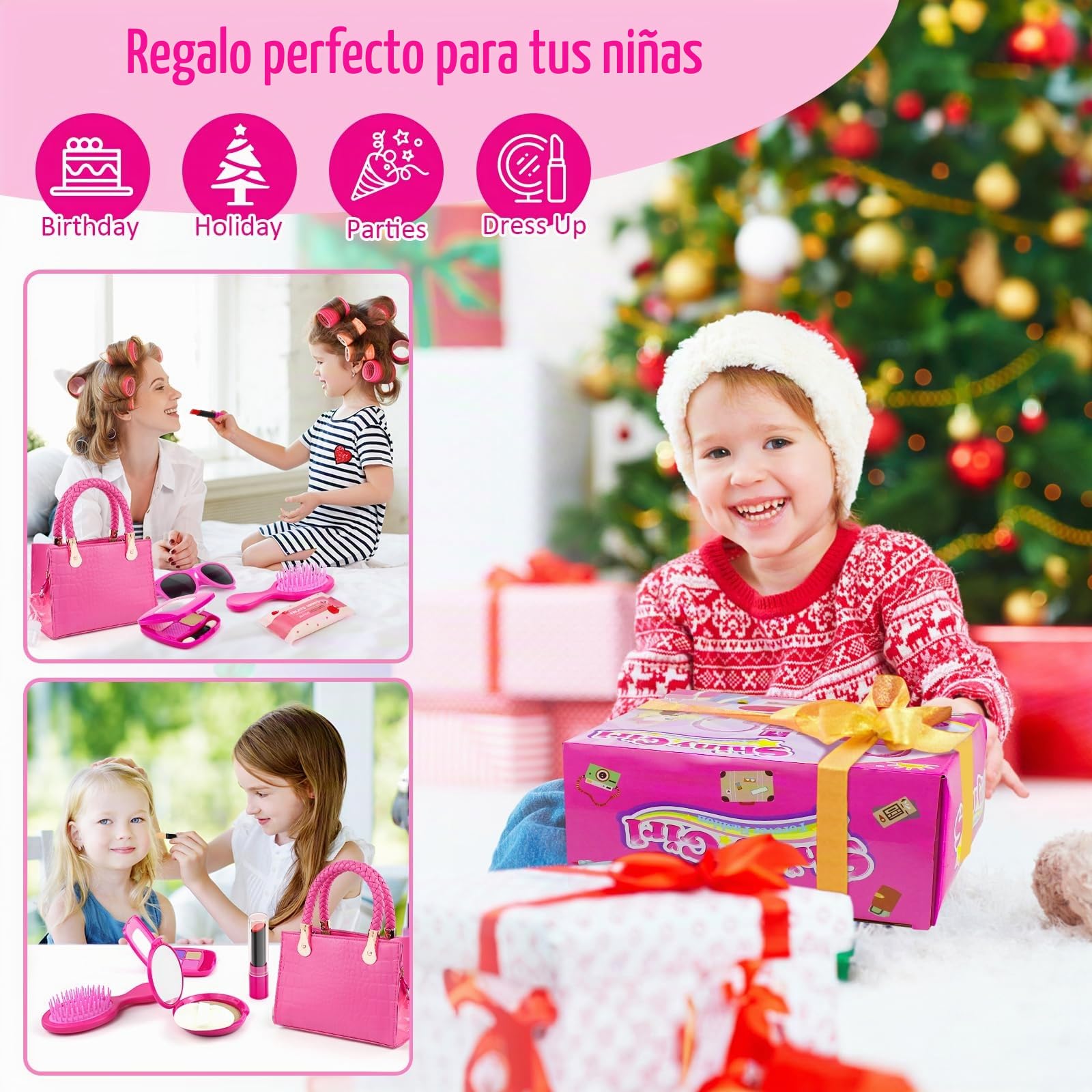 Bolso para niña con Maquillaje Juguete y Accesorios, 49 Piezas Maquillaje Falso, Bolsita,Teléfono, Llaves, Juguete de Princesa, Regalos de cumpleaños y Navidad para Niñas de 3 4 5 6 7 8 9 10 años