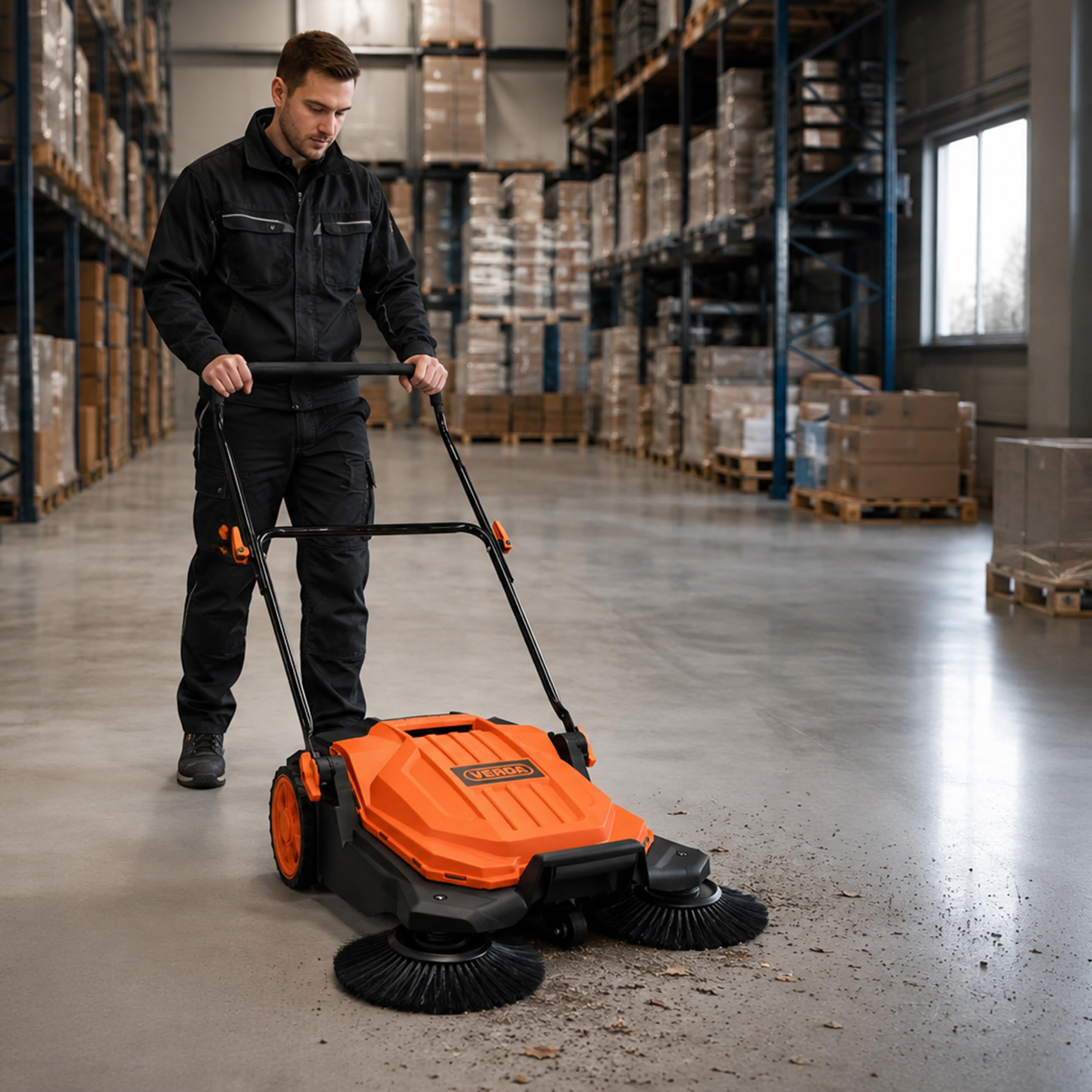 Verda Barredora manual, 2400 m²/h de potencia de barrido, 65 cm de ancho, depósito de 20 l, barredora manual, mango suave, barredora para adoquines, entrada, terraza y patio SN1301Z