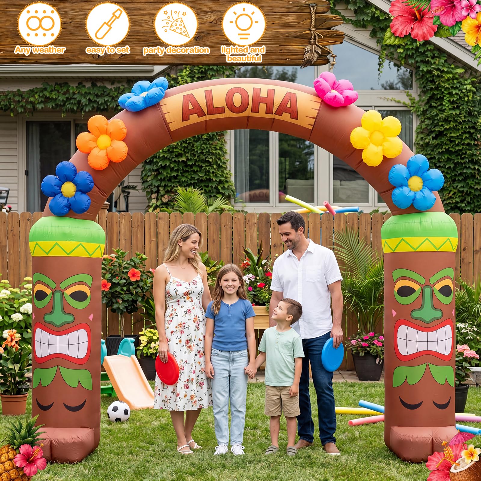 Arco gonfiabile Luau hawaiano da 3 m, decorazione estiva illuminata a LED, decorazione estiva Aloha Tiki per feste, per l'estate, tropicale, spiaggia, piscina, interni ed esterni, prato