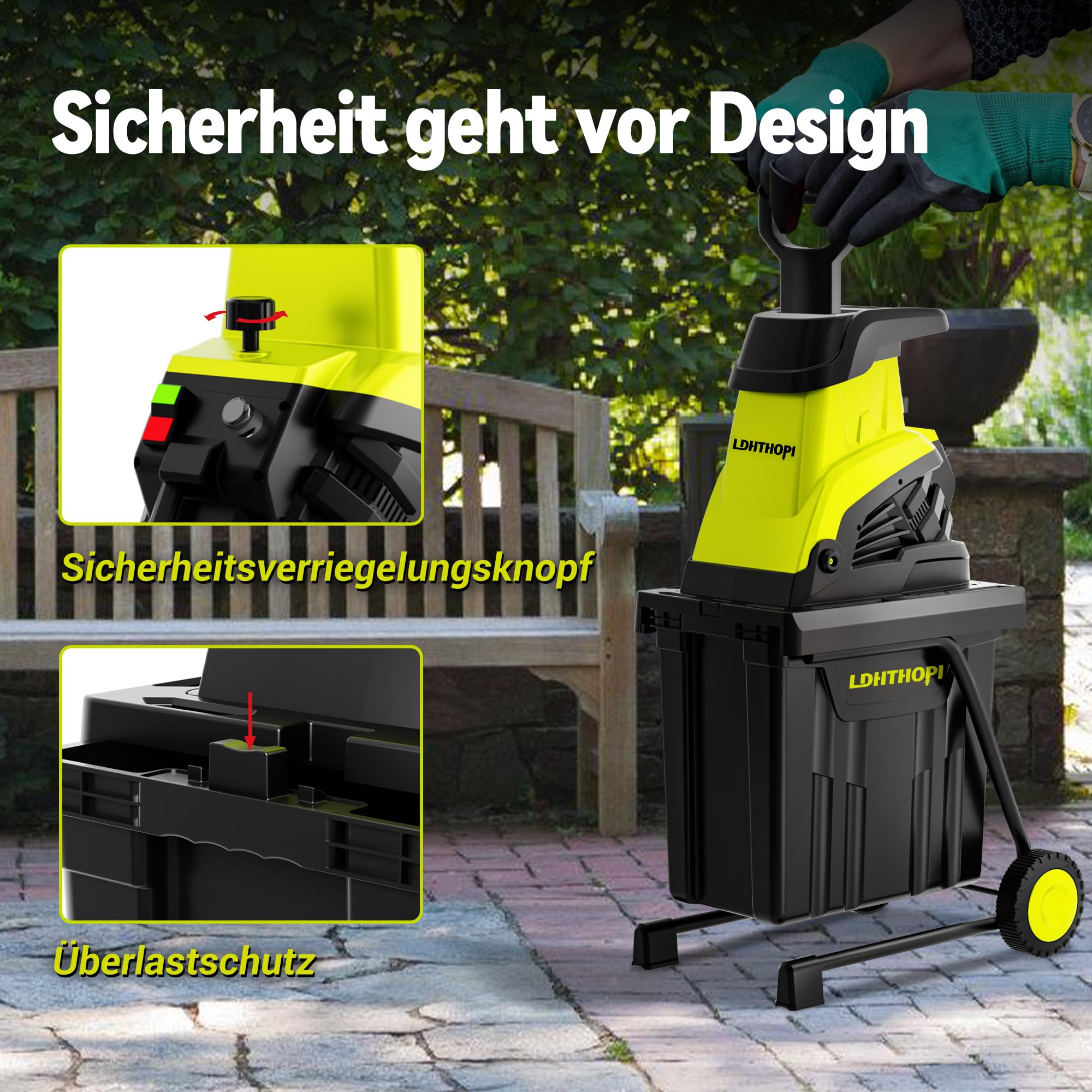 LDHTHOPI Gartenhäcksler 3000W Starke Elektro Leisehäcksler Messertechnik Aststärke MAX 45mm Häcksler 45L Fangbox Für Garten,Terrasse,Hof
