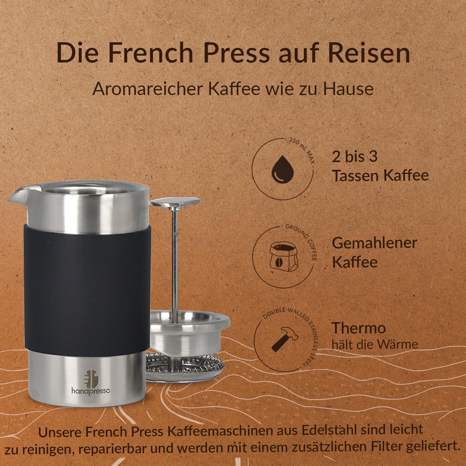 Handpresso - Travel Press mit Tasche | 0,35 Liter (2-3 Tassen) | French Press Edelstahl | Kaffeepresse doppelwandig isoliert | Thermo French Press klein für Camping oder Reisen