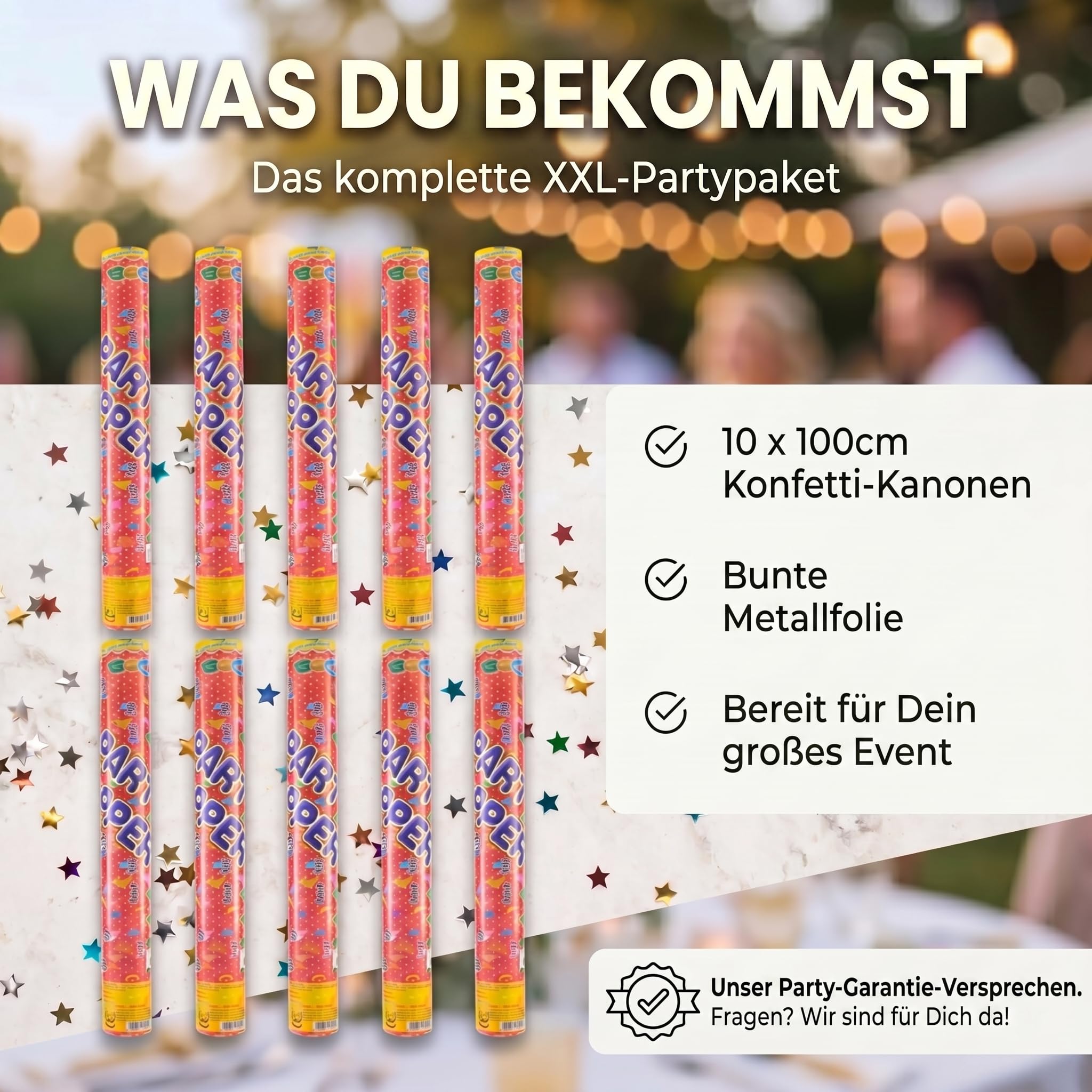 GOODS+GADGETS® Konfettikanone XXL 10er Set, 100cm Party Popper Bunt | Maximaler Showeffekt für Hochzeit und Silvester, Konfettibombe mit 8m Schusshöhe, metallisches Folienkonfetti, flammhemmend