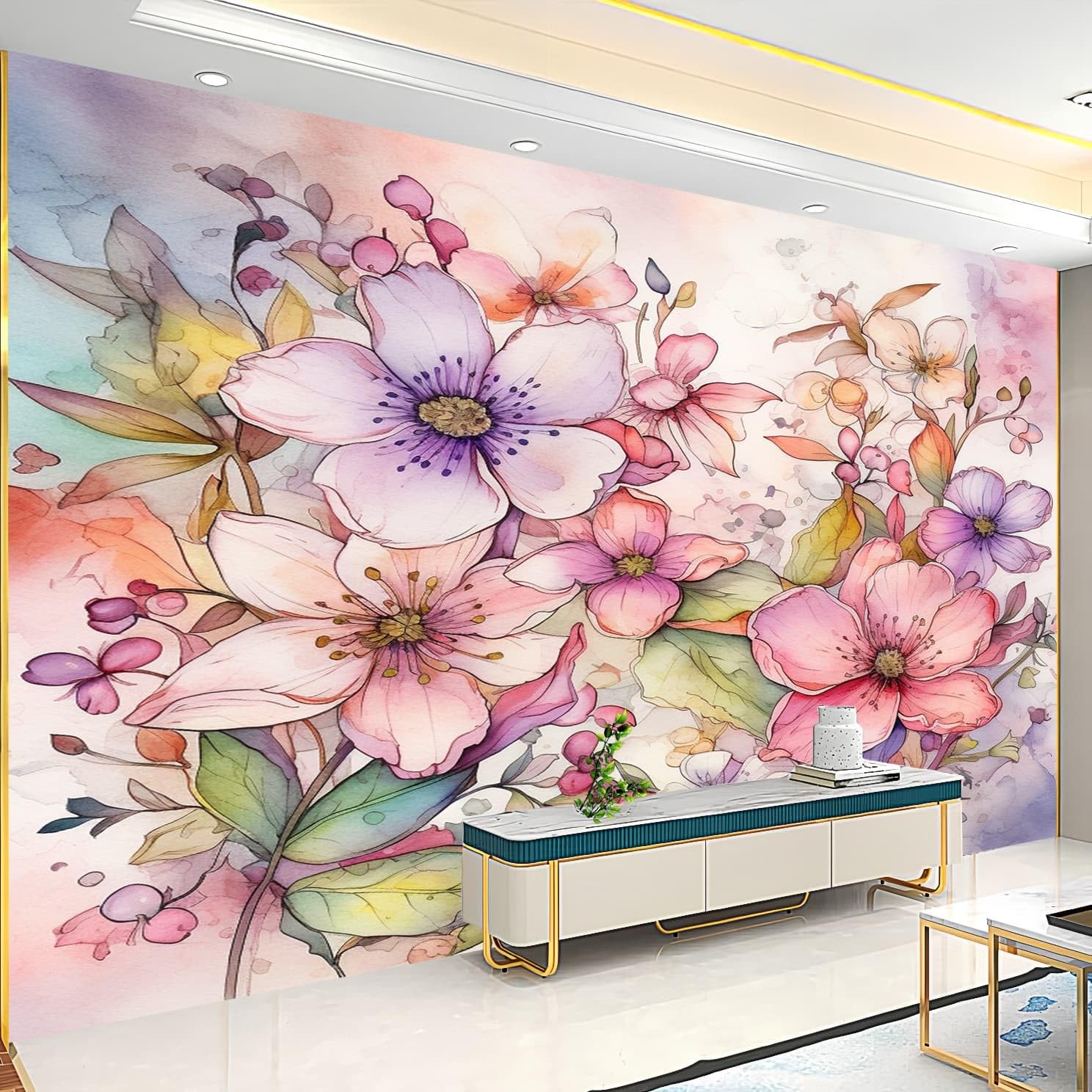 Sypialnia Panoramiczna tapeta 3D Akwarela kwiatowy wzór 350x256 cm różowa tapeta ścienna z włókniny do salonu Sofa TV dekoracja tła, konfigurowalny duży rozmiar