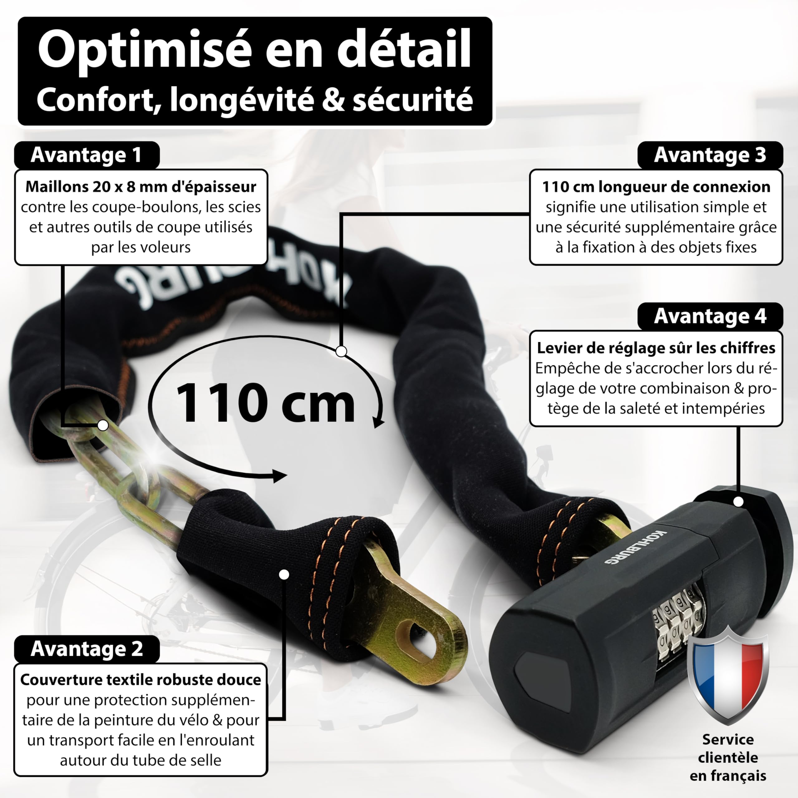 KOHLBURG Antivol vélo à combinaison [Sold Secure Gold & FUB 2 Roues] 110 cm | Cadenas velo homologué & sécurité maximale – Antivol avec code numérique, acier trempé de 8 mm – Pour vélo électrique et moto