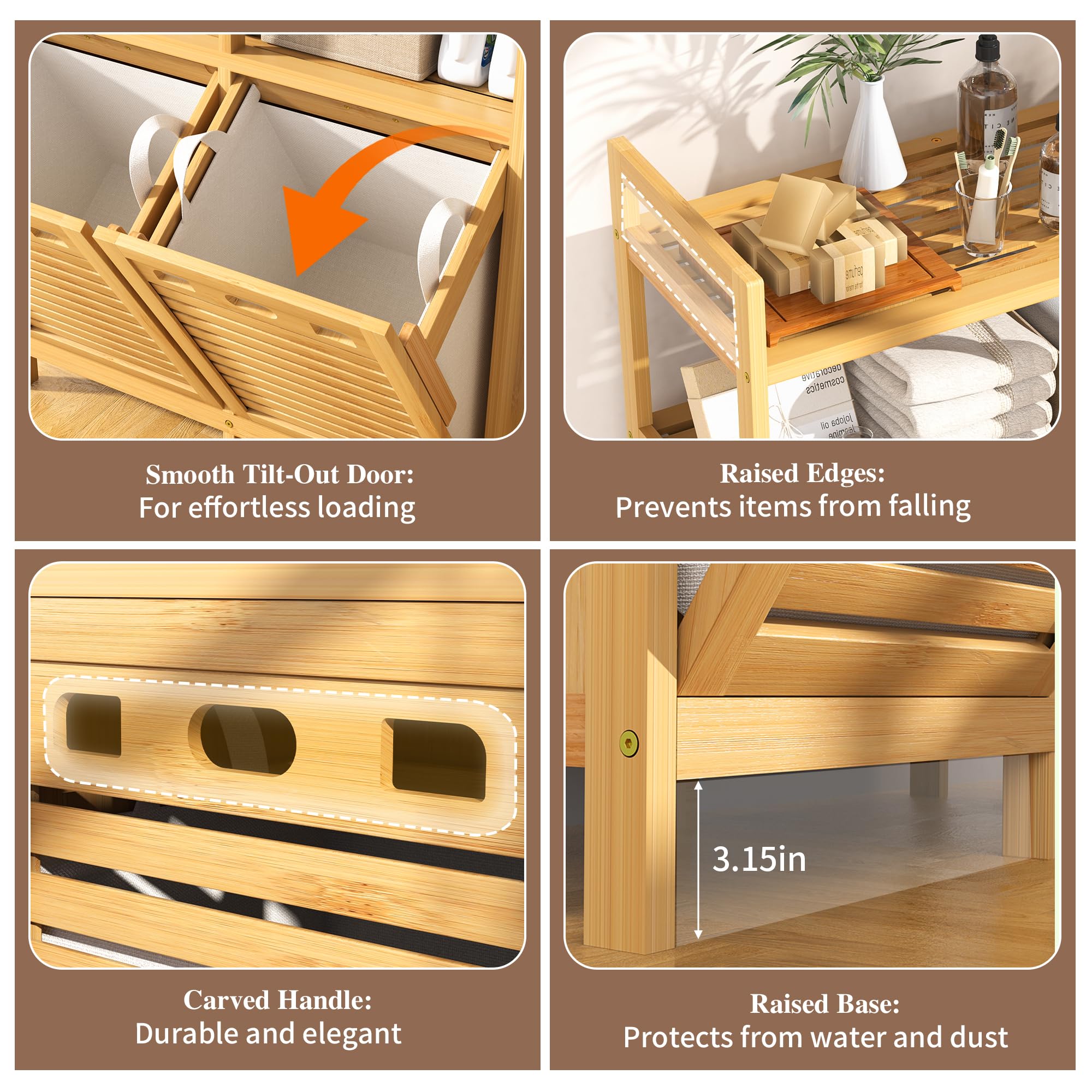 VASMIA Armadietto Bagno con Cesto per il Bucato, Bambù Mobile da Bagno, con 2 Ripiani, con 2 Sacchetti per il Bucato Estraibili (2 * 38 L), per Bagno, Camera da Letto, Lavanderia, Naturale