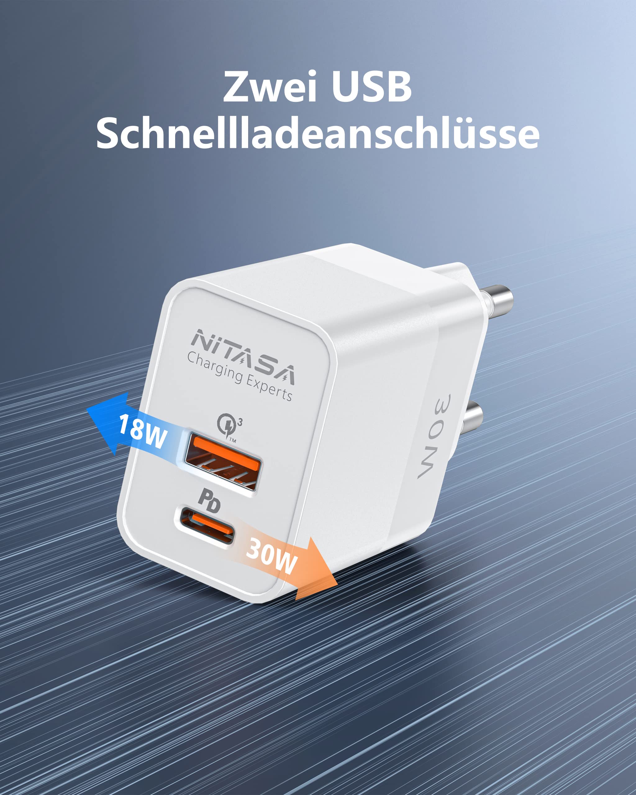 Caricatore USB C,NITASA 30W GaN 2 Port PD alimentatore usb c presa caricabatterie rapido per iphone 14 15/16 Pro Max/iPad,spina usb c caricabatterie(25W) per Samsung S23 S24 Google Pixel 7/8 8a/9 pro