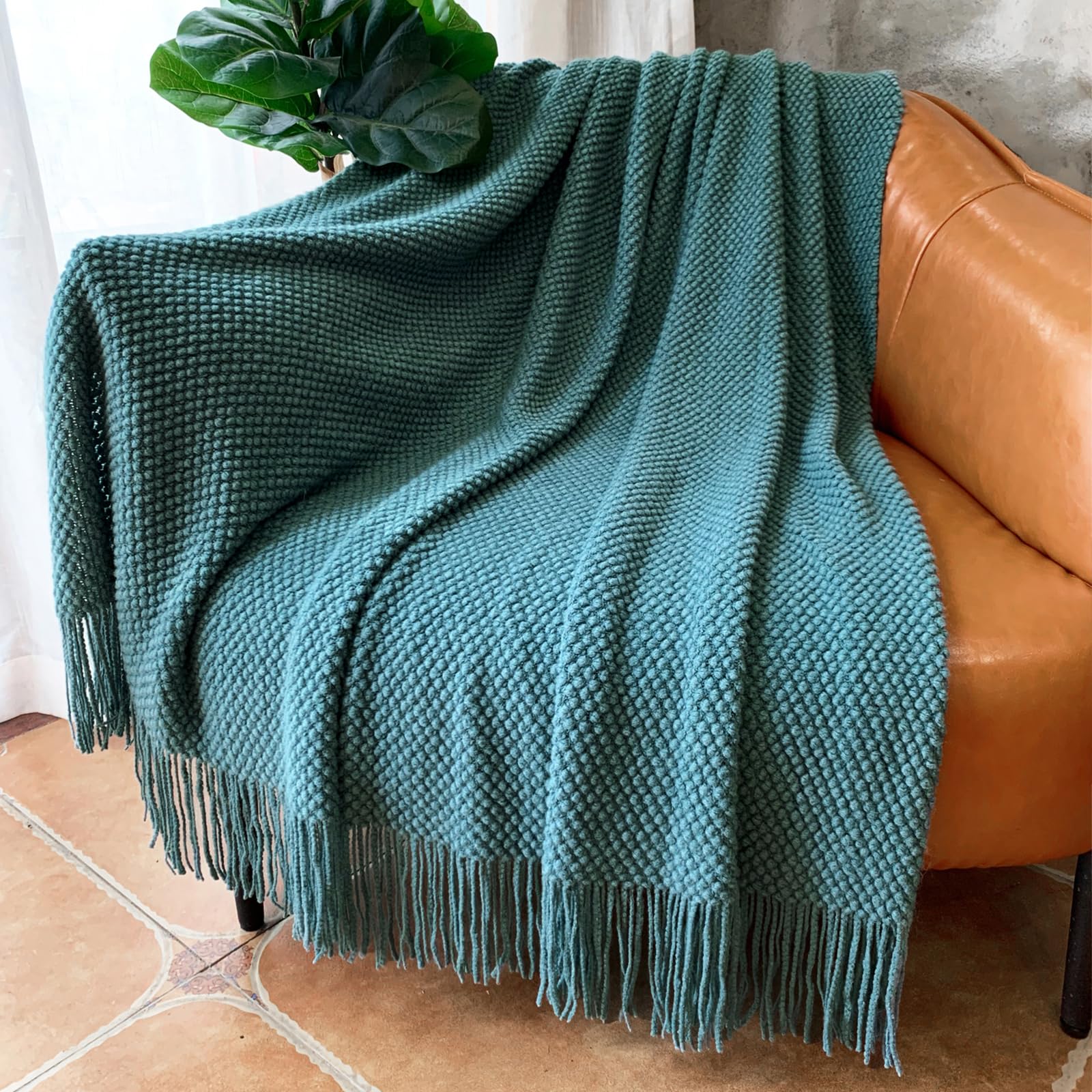 LOMAO Knitted Throw Blanket with Tassels Bubble Textured Soft Blanket Lightweight Warm Throw Blanket for Couch Cover Home Decor (Teal, 50x60)
