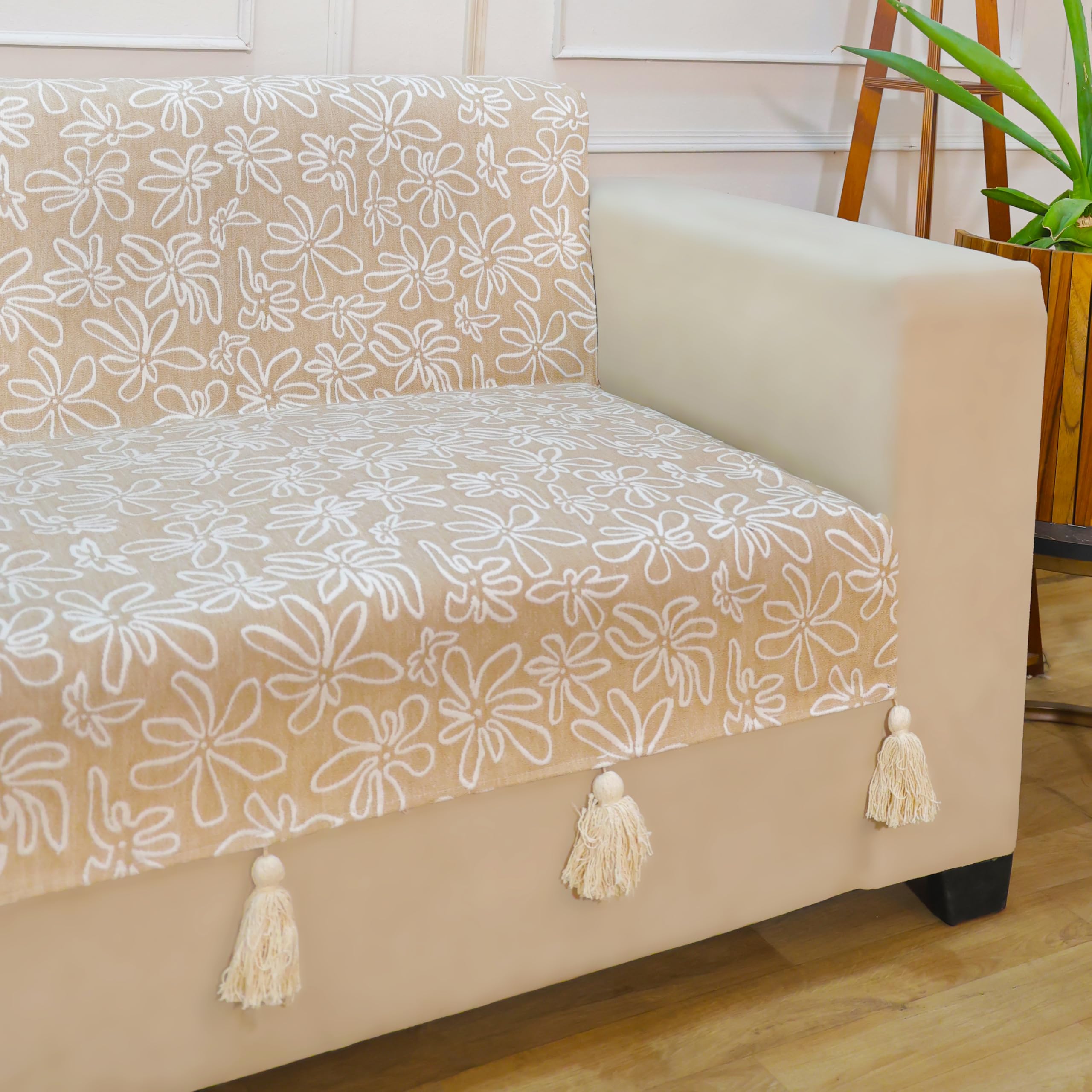 STITCHNEST 'Verdant Phool Stories' 1 Seater Sofa Cover – Full Coverage| Elegant Jacquard Fabric, Decorative Tassels, Washable & Durable for Modern Living