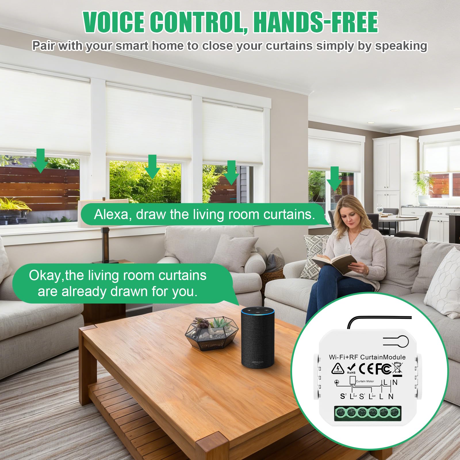Interruttore per tapparelle Alexa con 1 telecomando RF, modulo interruttore per tapparelle WiFi con app Tuya, controllo intelligente per tapparelle compatibile con Alexa Google per tende, veneziane