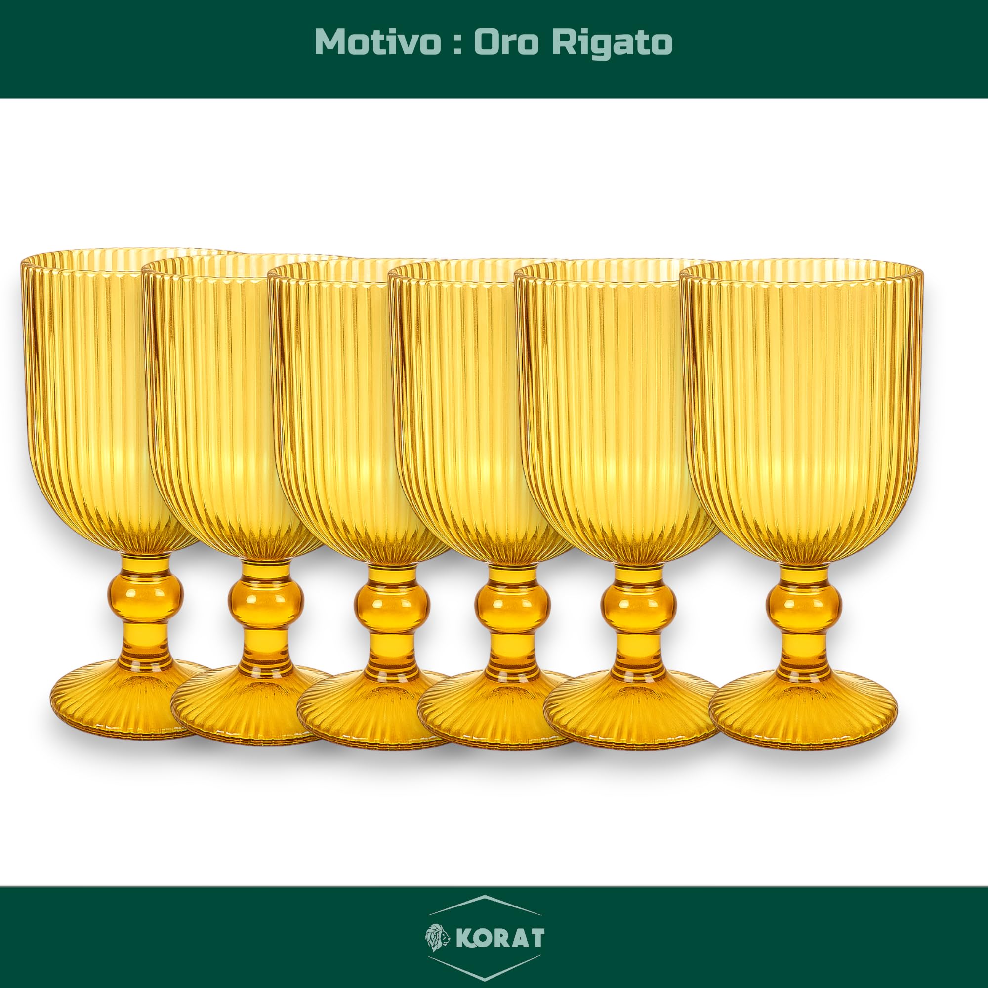 KORAT Set 6 Bicchieri Natalizi Rigati in Vetro Calici, Flute Design Elegante Rosso/Oro Per Vino, Prosecco e Decorazioni Natalizie per Tavola Natale e Festività (Calice - Rigato Oro - 260 ML)