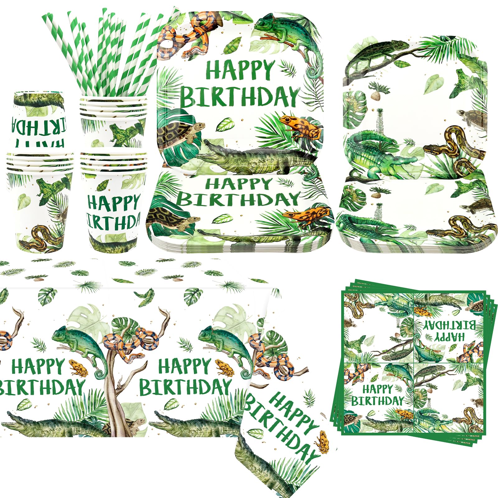 Obussgar Reptile Party Decorations - Reptile Party Tableware Supplies Includes Plates, Cups, Napkins, Tablecloth, Straws - Serves 20