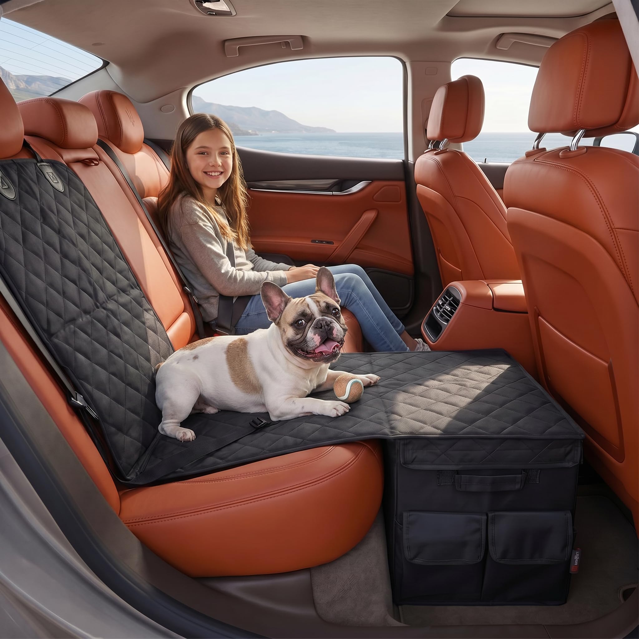 Rücksitzverbreiterung Hund mit Stauraum – Dog Car Seat Extender Hundeautositz Hartschale für Vorder- und Rücksitz, wasserdicht 600D Oxford, PKW SUV Kombi [137×50cm]