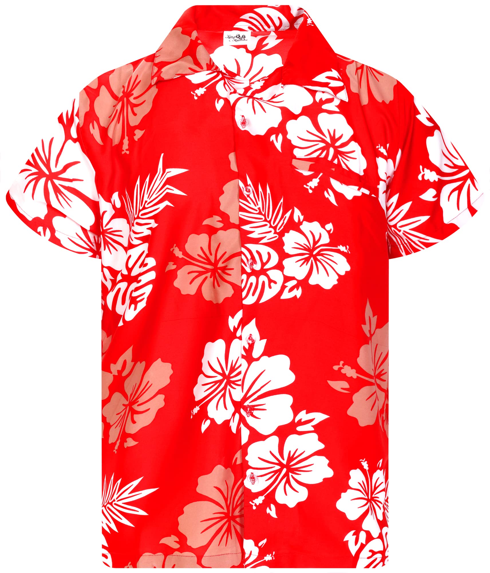 King Kameha Camisa-Hawaiana Hombre Manga-Corta Bolsillo-con-Hendidura Elegante Funky Hibisco Óptica-De-Sombra Tropical Unisexo