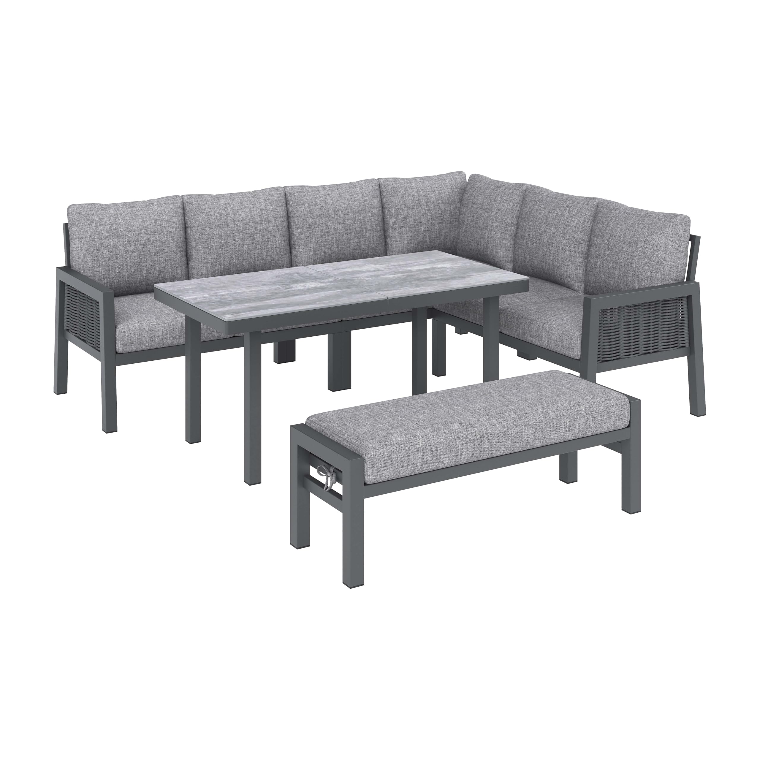 Set da pranzo da giardino per 8 persone, sala angolare e panca, polietilene intrecciato, acciaio zincato, piano in vetro, grigio