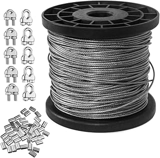 328 Feet Vinyl Coated Wire Rope Kit,1/16 Inch Diameter 304 Stainless Steel Wire Rope Cable,7X7 Strand with 50 PCS Aluminum Crimping Loop and 10 PCS Clamp