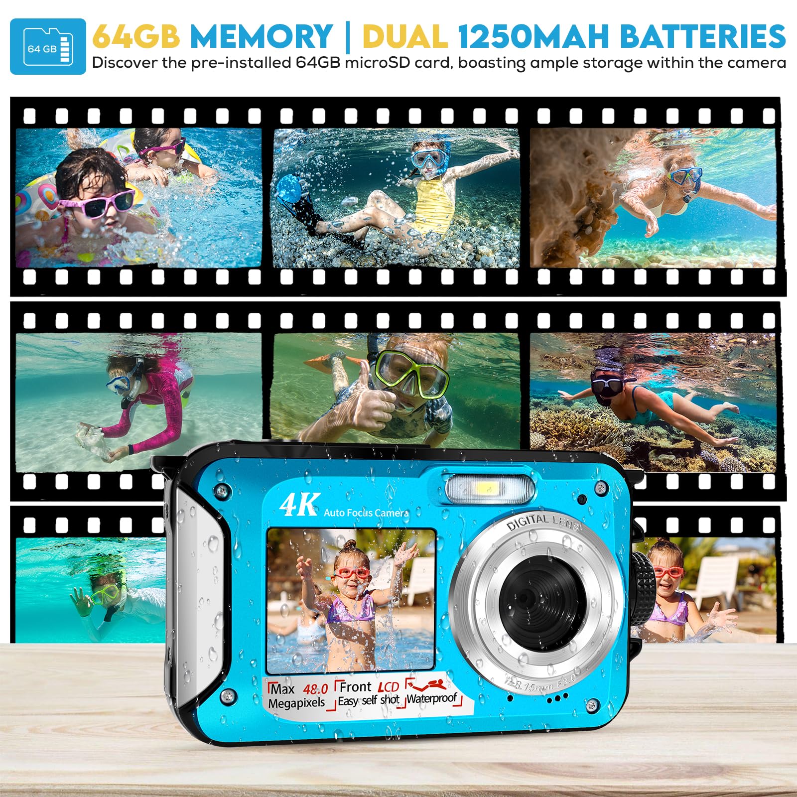 4K Macchina Fotografica Subacquea Con Scheda Micro SD da 64 GB - Fotocamera Subacquea 48 MP Con Autofocus E Doppio Schermo - 3 Metri Fotocamera Subacquea Digitale (2 Batterie Incluse)