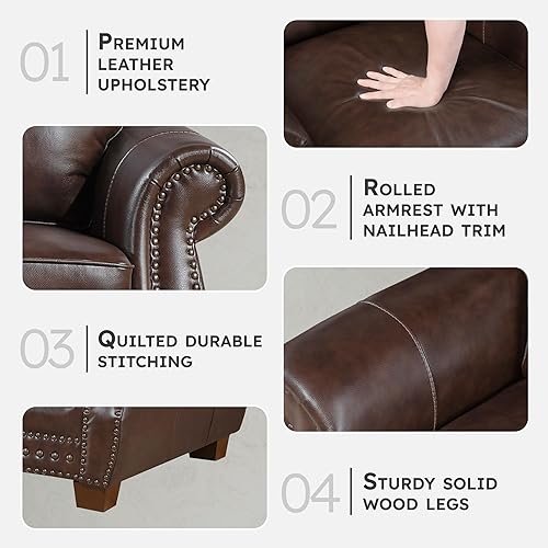 Miniatura 3 de Lexicon Sofá de 86 pulgadas de ancho, cómodo sofá de cuero de grano superior con ribete de cabeza de clavos, brazos enrollados, patas de madera