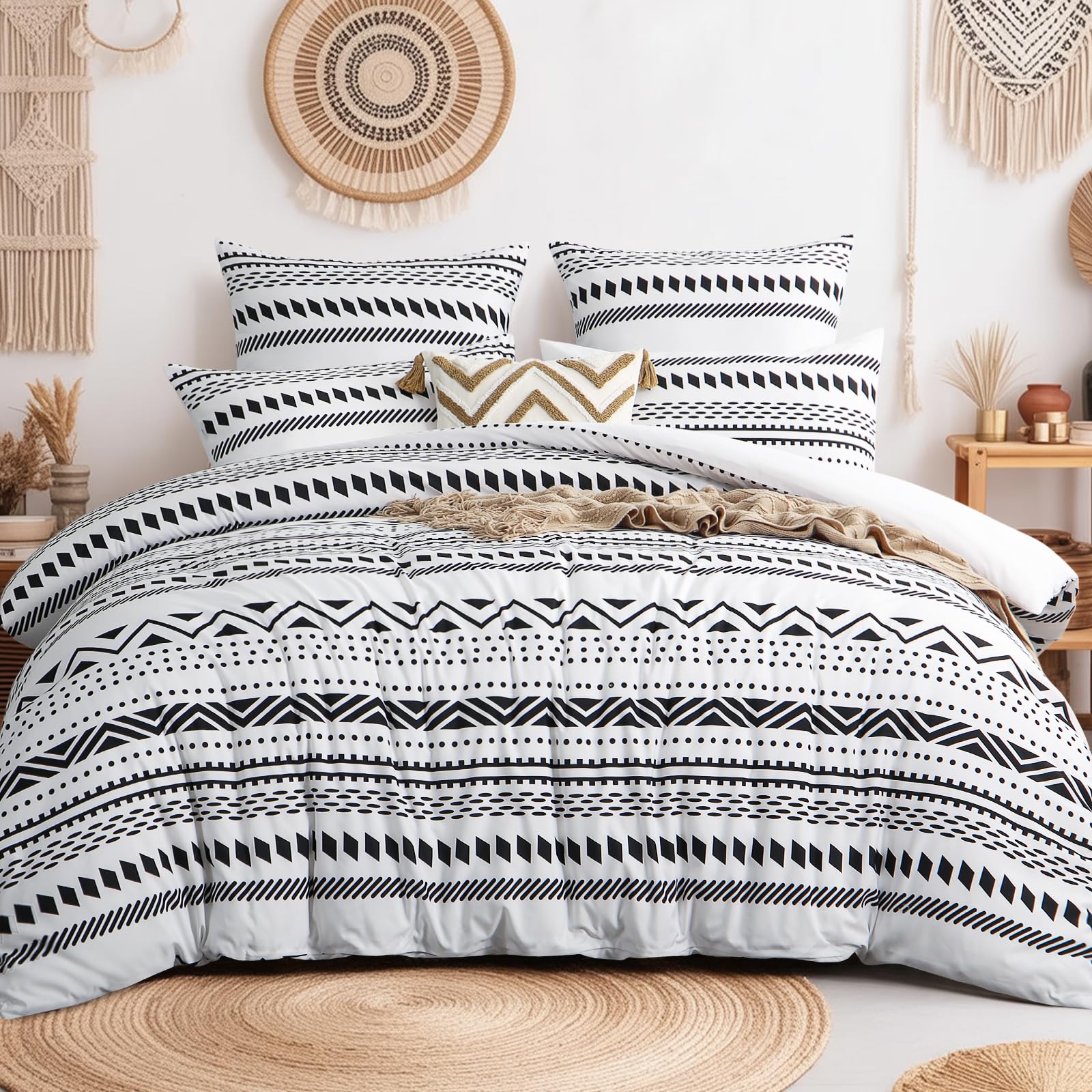 Tifschlaf Super King Duvet Set - Superking Bedding Set with Pillowcases, Ultrasoft Microfiber Luxury Non Iron Quilt Cover Bohemian with Zipper Closure, Boho White 260x220cm