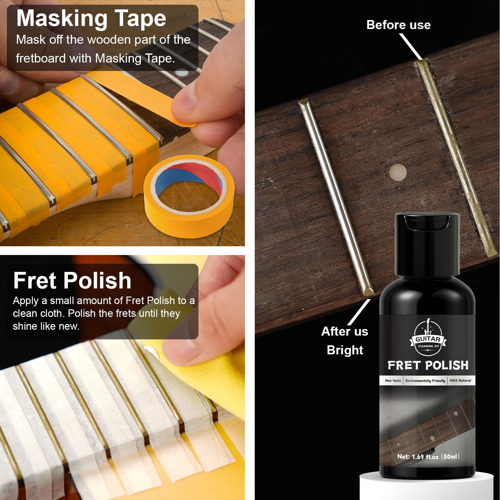 Kit de limpieza de guitarra, juego de mantenimiento profesional de 7 piezas con limpiador de guitarra, aceite de diapasón, cera de pulido, limpiador de cuerdas, cortador 3 en 1 y paño de