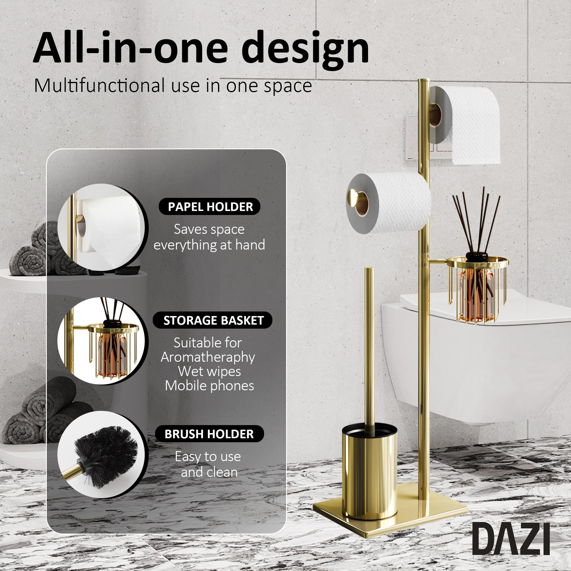 Edelstahl Klopapierhalter Stehend mit Klobürste - Toilettenpapierhalter Stehend mit Bürste in Gold, mit WC-Bürste und Eckenkorb (Gold)