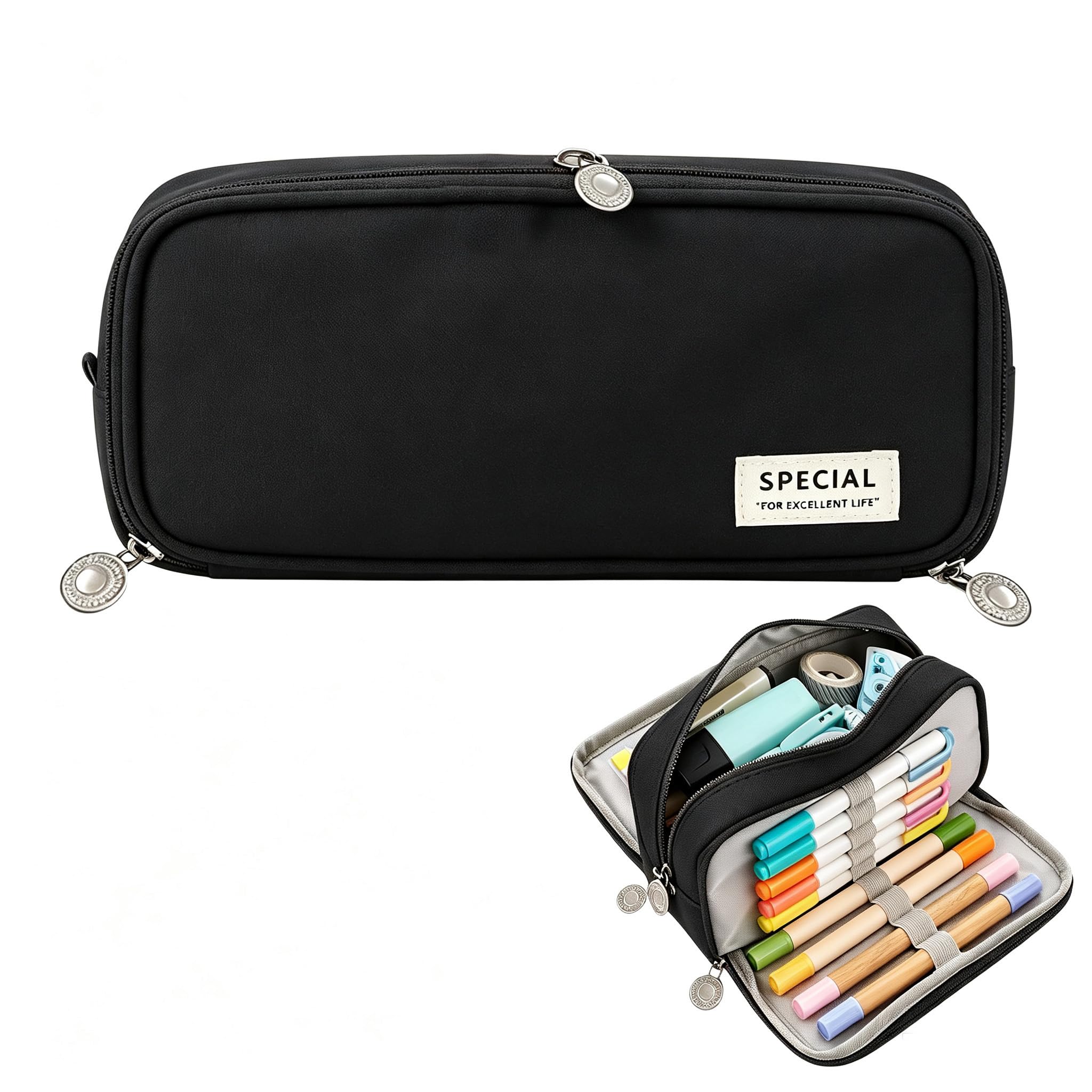 Black Pencil Case for Secondary School,Pencil Cases with Compartments,Pencilcase Large Capacity,Aesthetic Special Pen Pouch,Durable Stationery Organizer Case with 3 Partitioned & Zipper for Boys