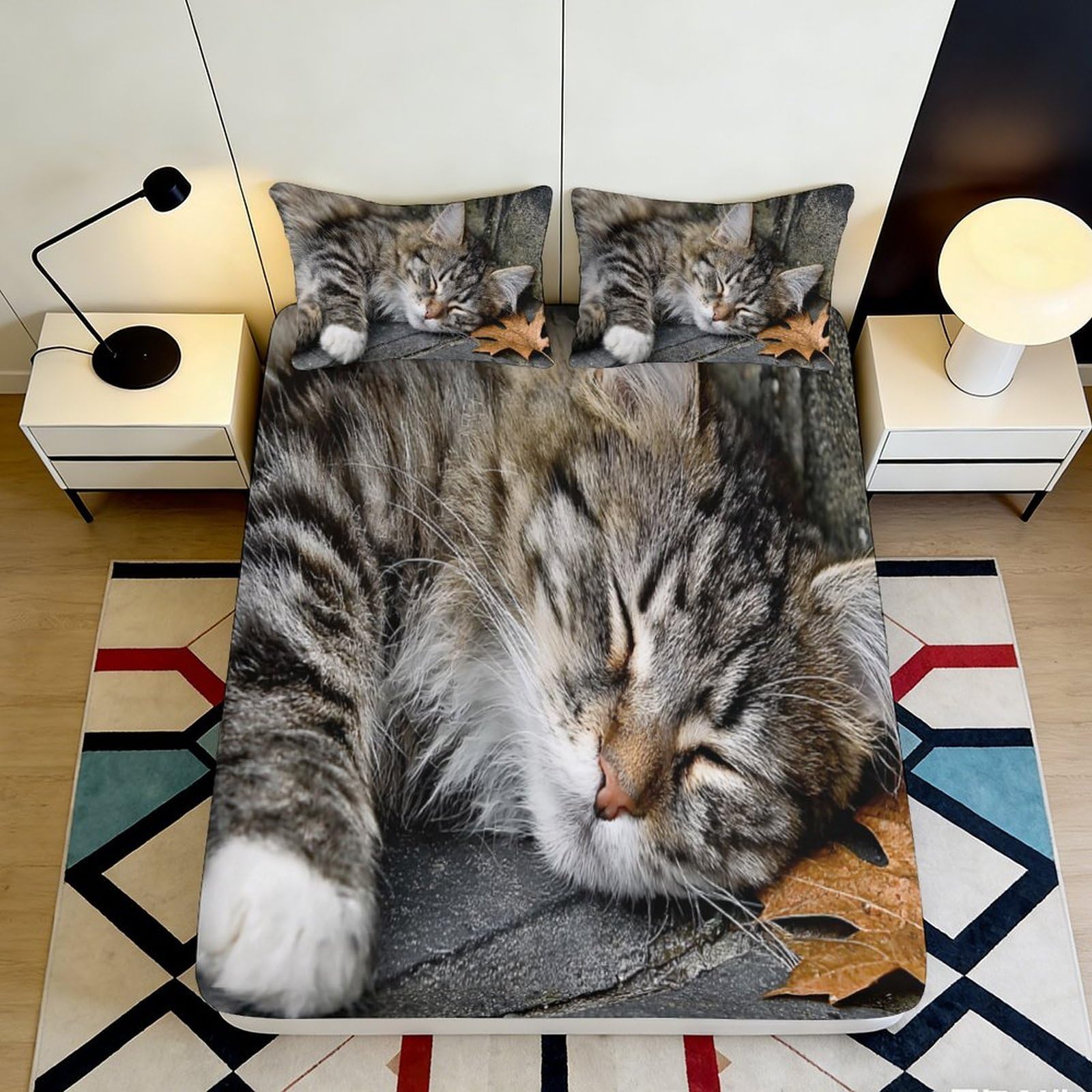 3D Printed Sleeping Cat Fitted Sheet Microfiber Soft Breathable Autumn Leaves Bed Cover for Bedroom Dorm Decor 90x200x25cm