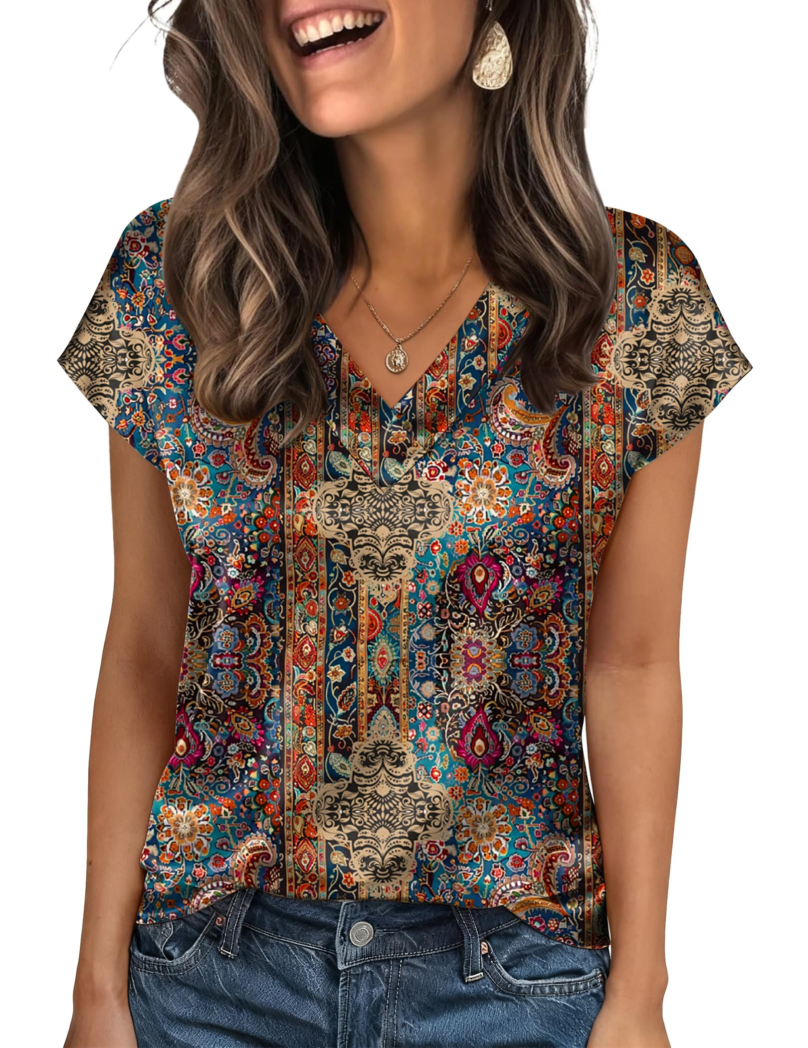 Zeagoo Satin Bluse Damen V Ausschinitt Cap Ärmel Silk Tops Elegant Kurzarm Business Shirts Sommer Seide Tshirt Blouse S-XXL - 2