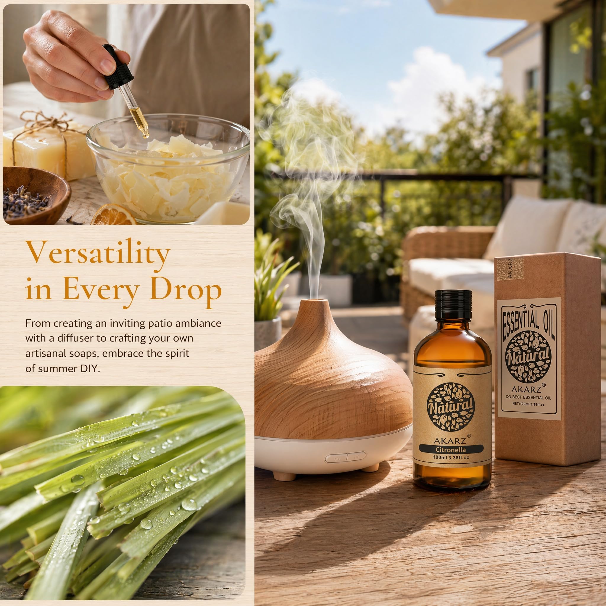 AKARZ 100ml Olejek esencjny z Cytryneli - Naturalny olejek aromatyczny do dyfuzorów, lamp aromatycznych i aromatów pomieszczeń