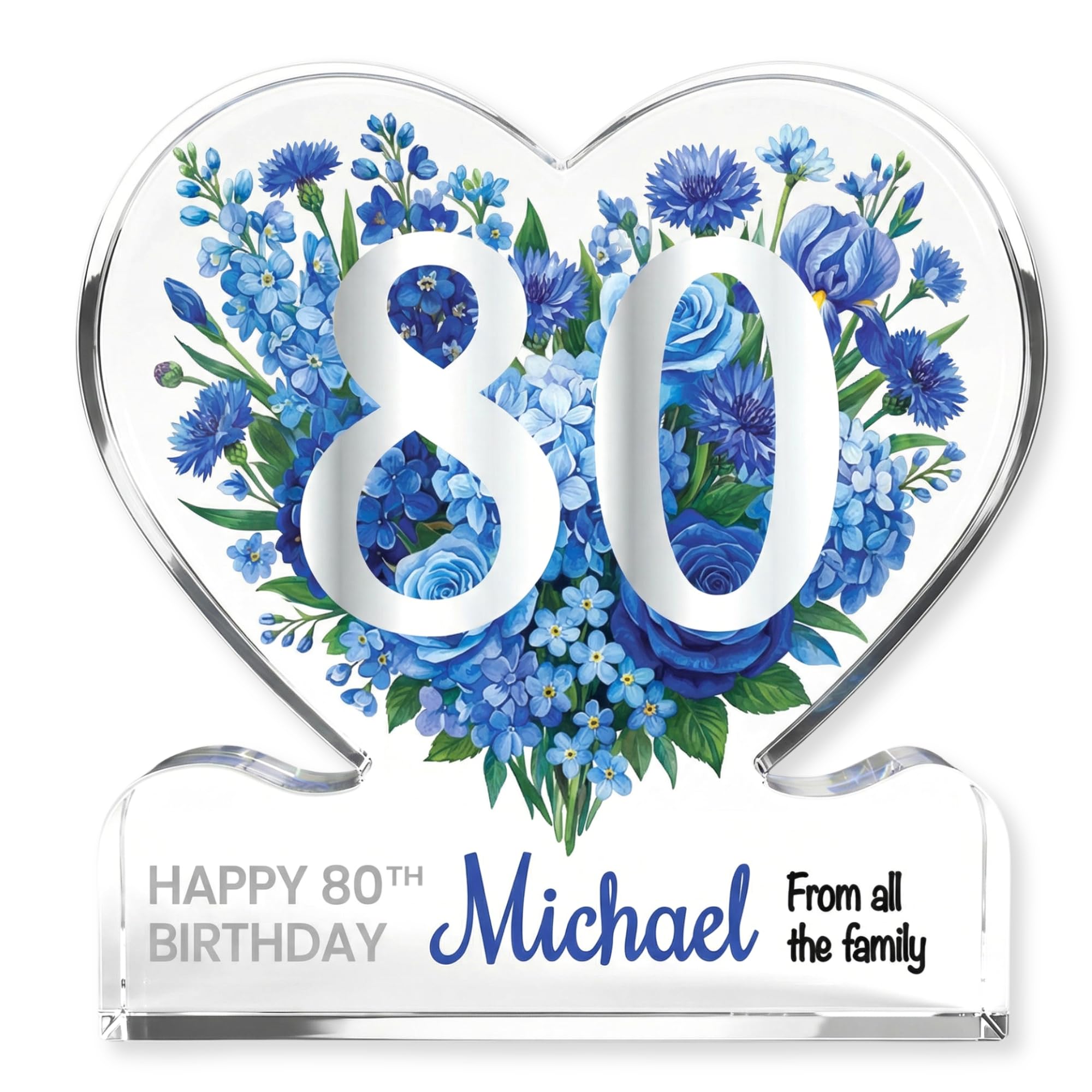MyKeepsy Personalised 80th Birthday Plaque – Custom Name & Message Heart Acrylic Keepsake, Floral 80 Decoration Gift, 5 Colours (Elegant Blue)