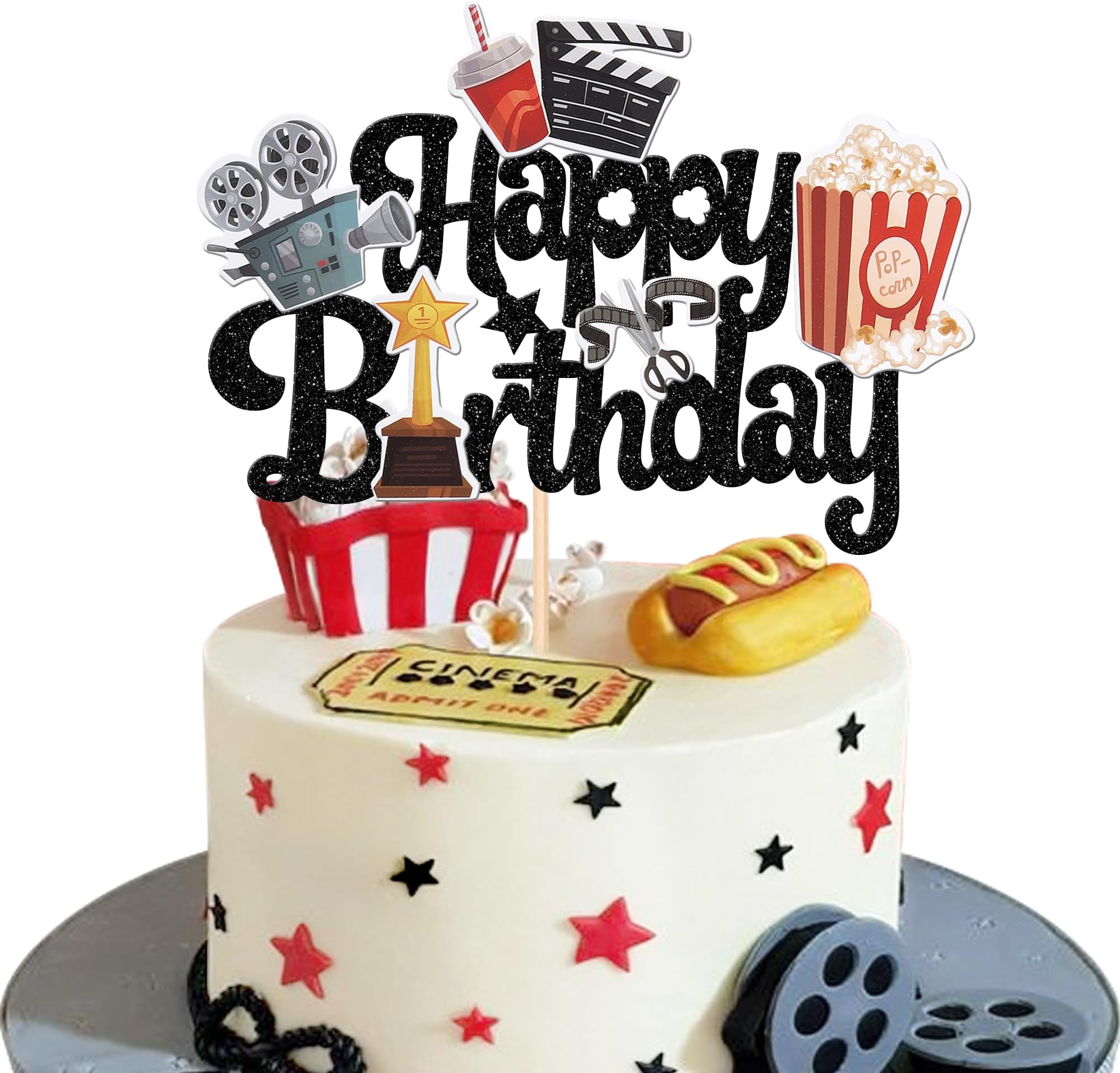 1 PCS Movie Happy Birthday Cake Topper Glitter Roll Camera Video Recorder Popcorn Movie Night Cake Pick for Hollywood Theme Family Film Baby Shower Birthday Party Cake Decorations Supplies Black