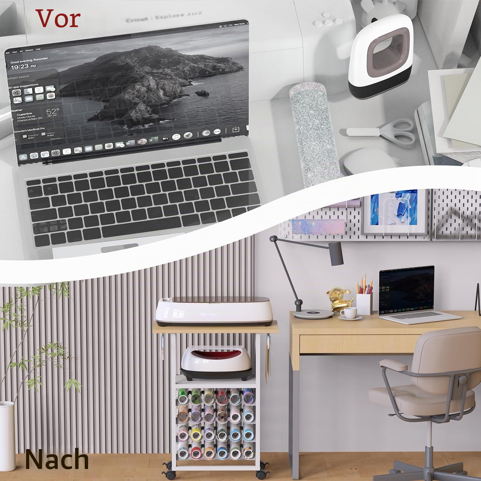 Rollwagen mit Basteltisch, Organisations-Arbeitsplatz, kompaktes, abnehmbares Design, Aufbewahrungs- und Organisationslösung mit 24 Vinyl-Rollenhaltern(weiß)