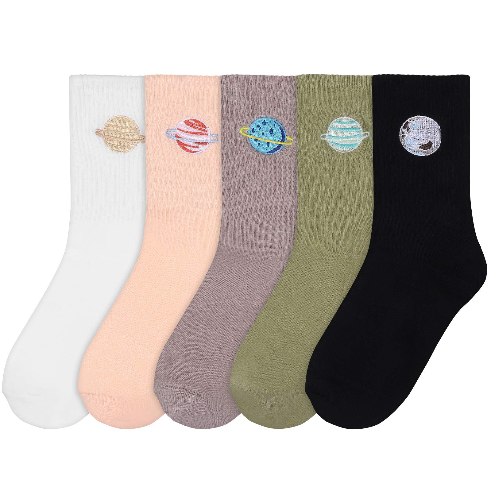 KESYOO5 Pairs Women Cotton Planet Socks Mid-Tube Embroidered Socks Fashion Daily Casual Crew Socks for Womens & Girls