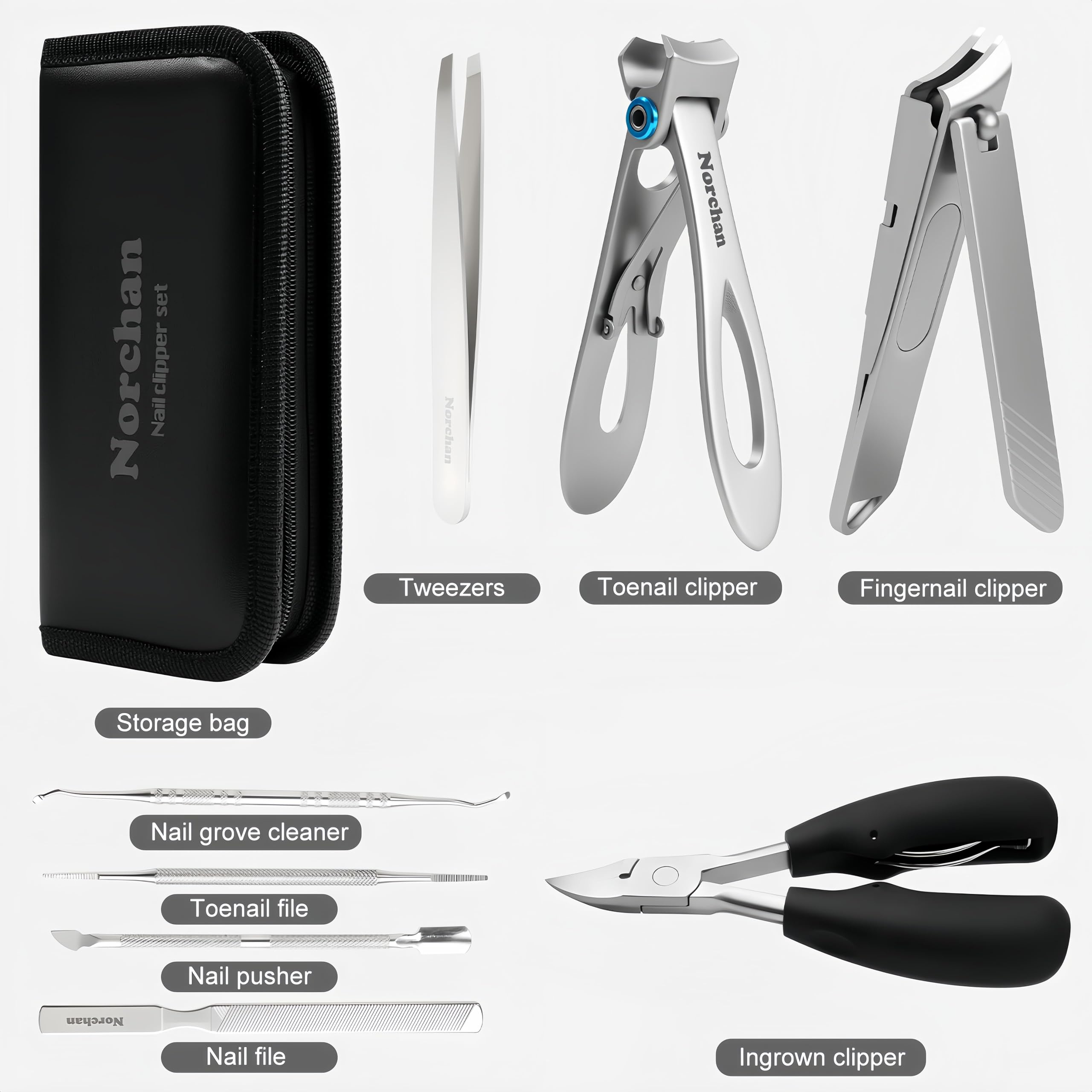 Heavy Duty Nail Clipper Set with Case, Stainless Steel 8-Piece Grooming Kit