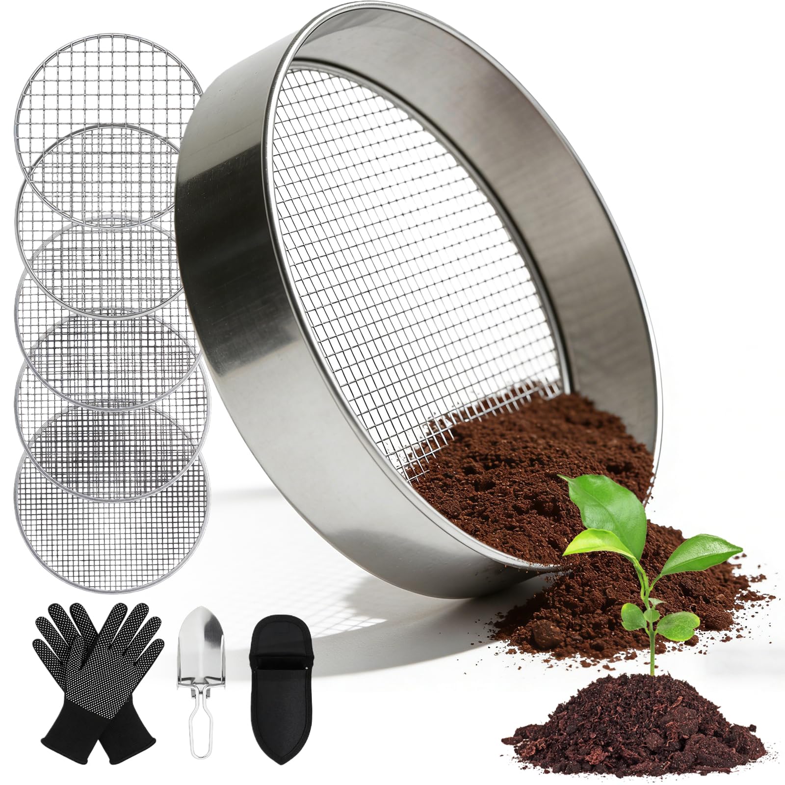 Tamis De Jardin En Acier Inoxydable, 5 En1 Tamis Jardin, Tamis À Compost Rond En Métal, Rond 20 Cm, Avec Pelle Et Gants Avec 5 Tamis Interchangeables Ø 3,6,9,10,12 Mm Pour Terre, Compost, Semences