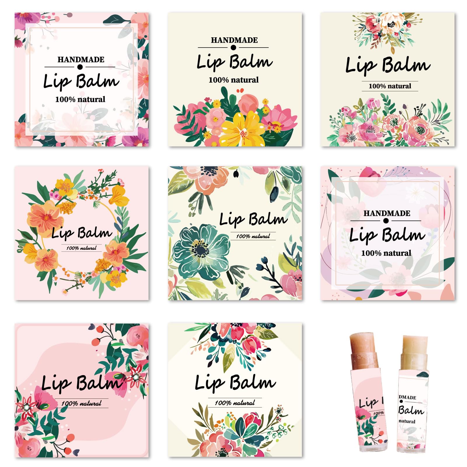 CRASPIRE 80Pcs 8 Styles Lip Balm Sticker Flower Self-Adhesive Homemade Lip Balm Labels Vintage Square DIY Label Stickers for Lip Balm Containers Cosmetics Lipsticks