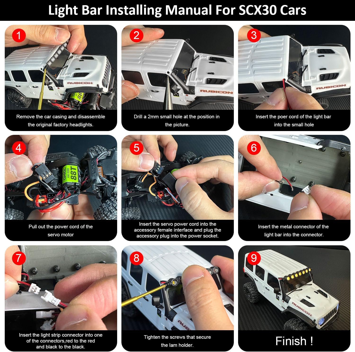 RC Car LED Head Lights Bar for Axial SCX30 1/30 Jeep Wrangler, 7-Light Roof Light Kit with Wiring Harness (White Light Bar)
