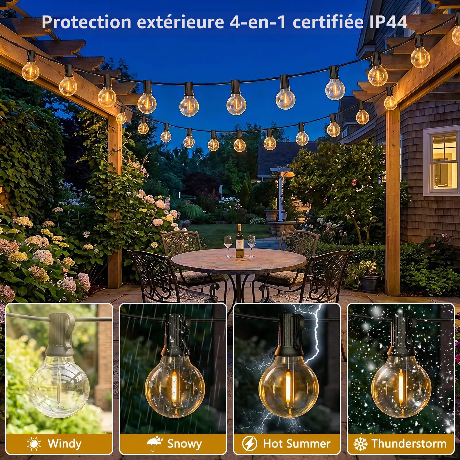 Loowoko Guirlande Lumineuse Extérieure 30M G40 - LED Intelligente avec App & Télécommande, Double Contrôle, 40+2 Ampoules Dimmables, IP44, Minuterie pour Jardin, Balcon, Soirées
