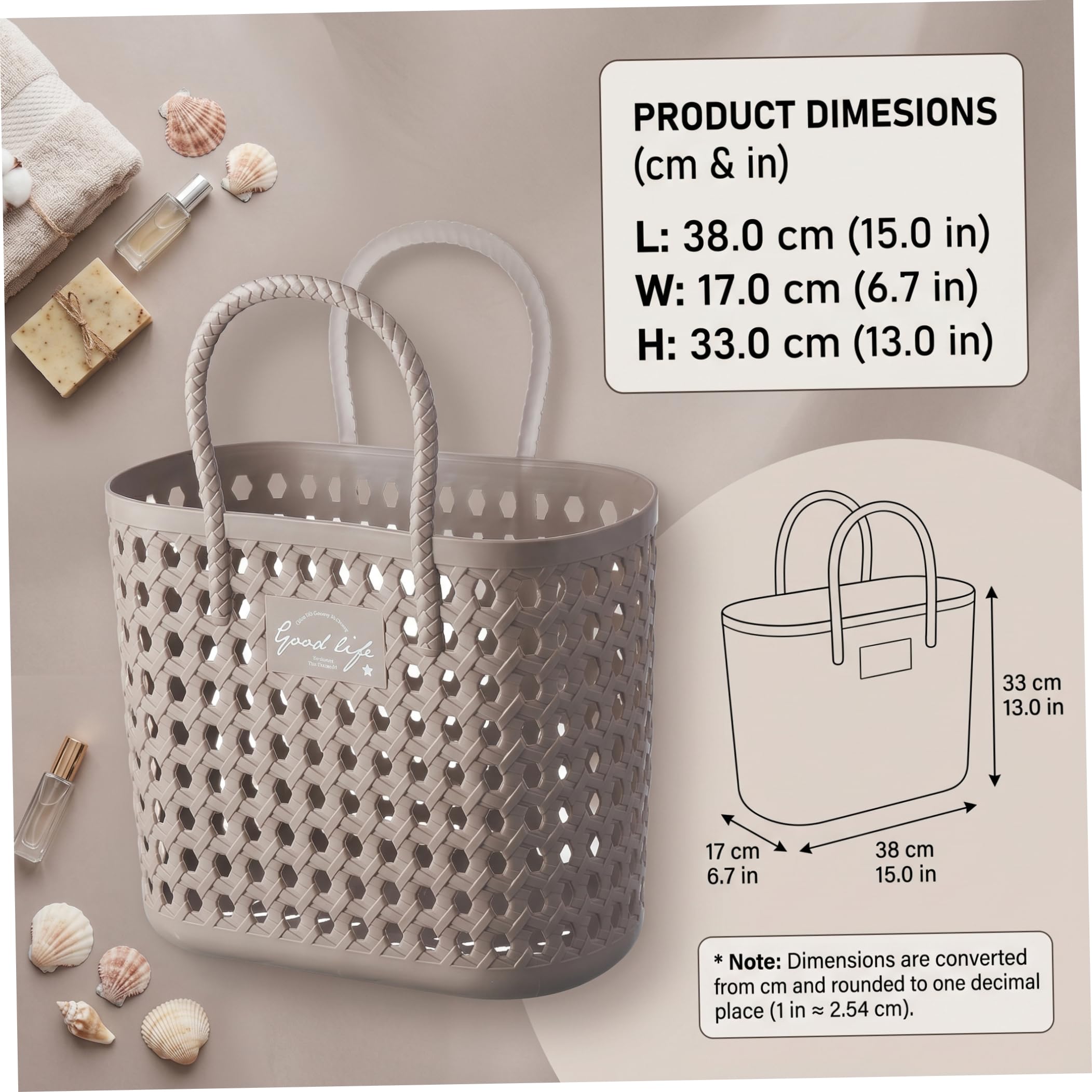 Cesta de ducha portátil de ratán de imitación hueca con asa para viajes en el baño, gris