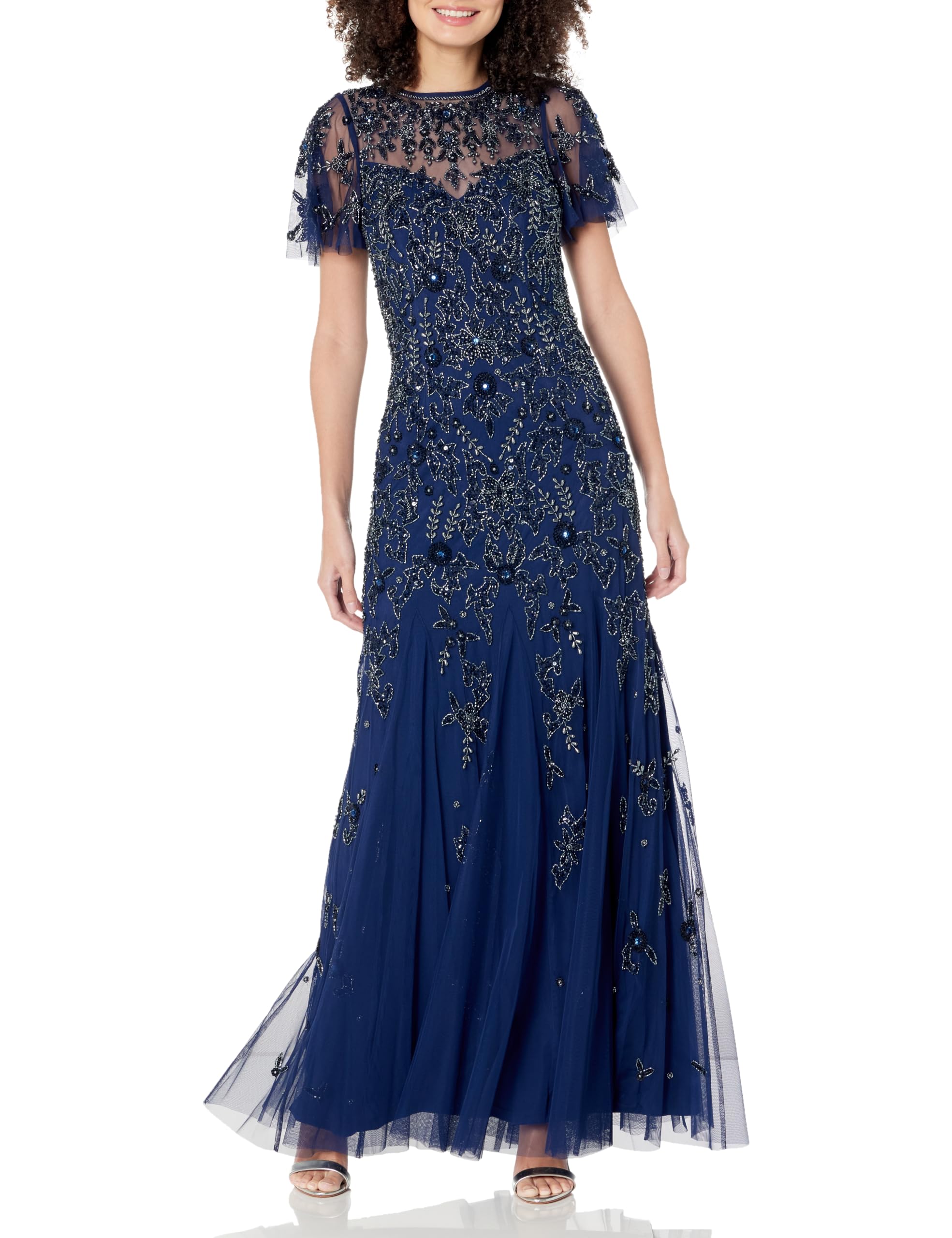 Aidan Mattox By Adrianna Papell Women's Navy Flutter Sleeve Beaded Gown Special Occasion Dress, 20