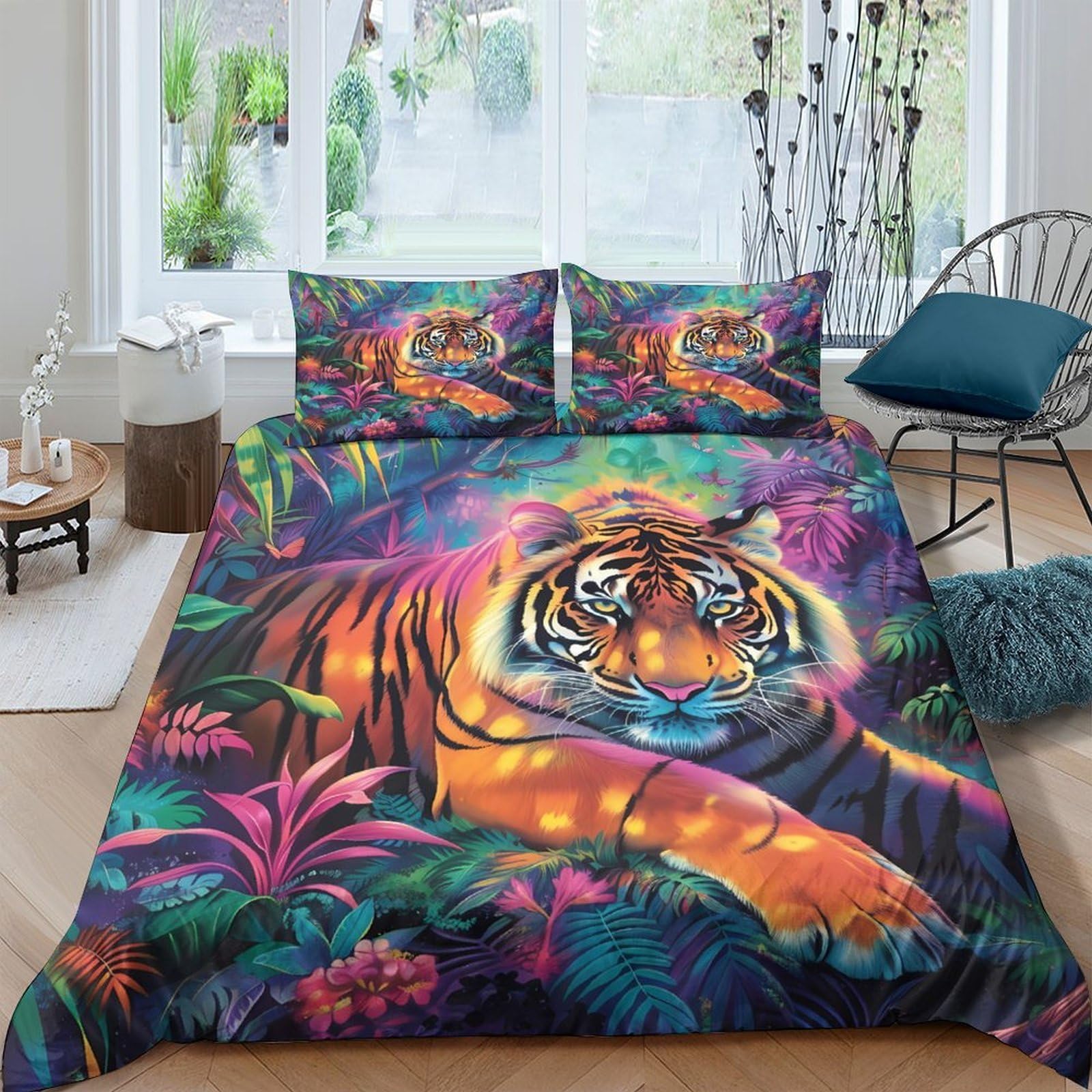Ctjqhvkz Style-2 3D Printed Vibrant Tiger Jungle Fitted Sheet Microfiber Soft Artistic Bed Cover For Bedroom Guest Room Mattress Decor Single（135X200cm）